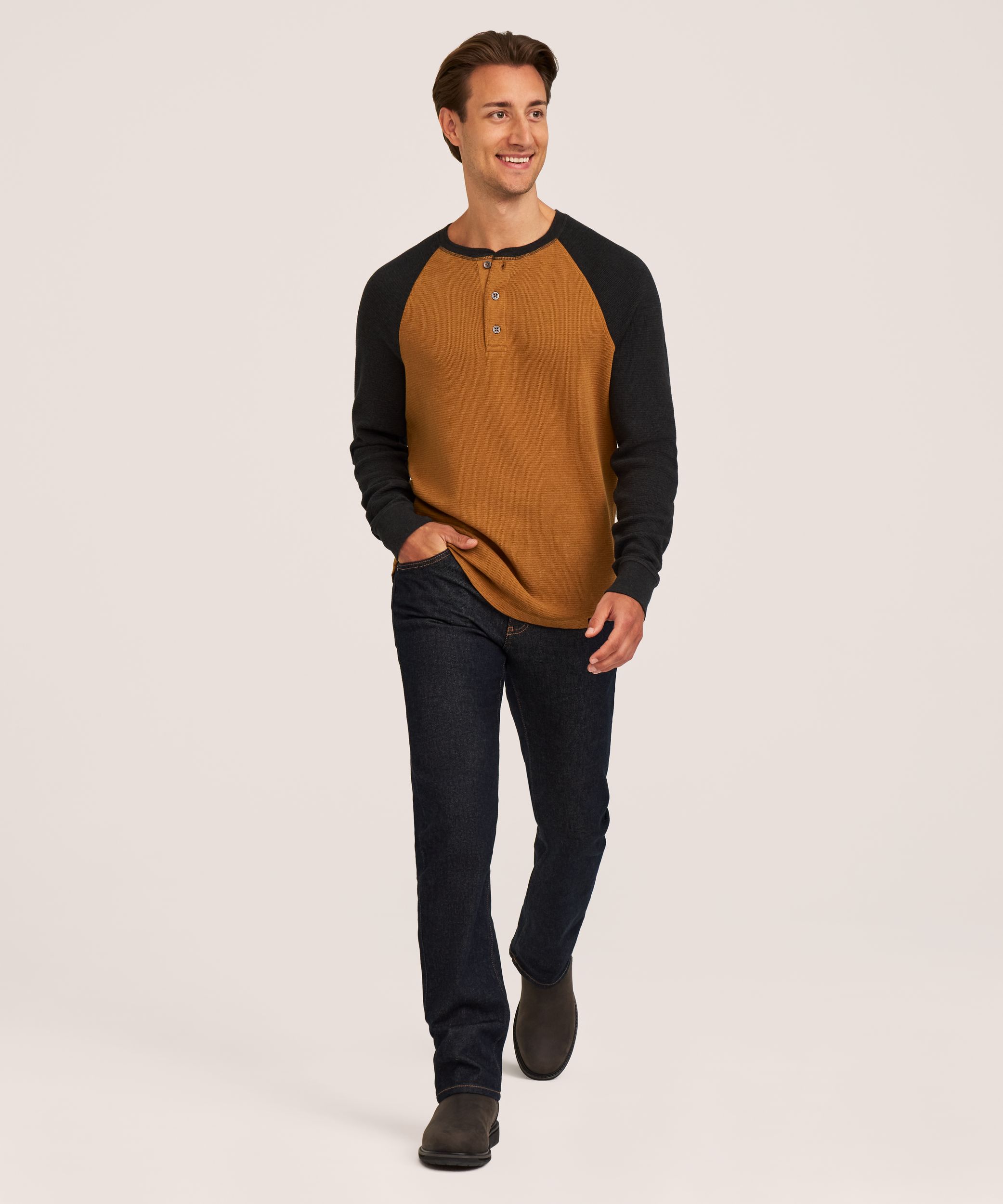 Chemise Henley en point de brioche à manches longues raglan pour hommes, WindRiver