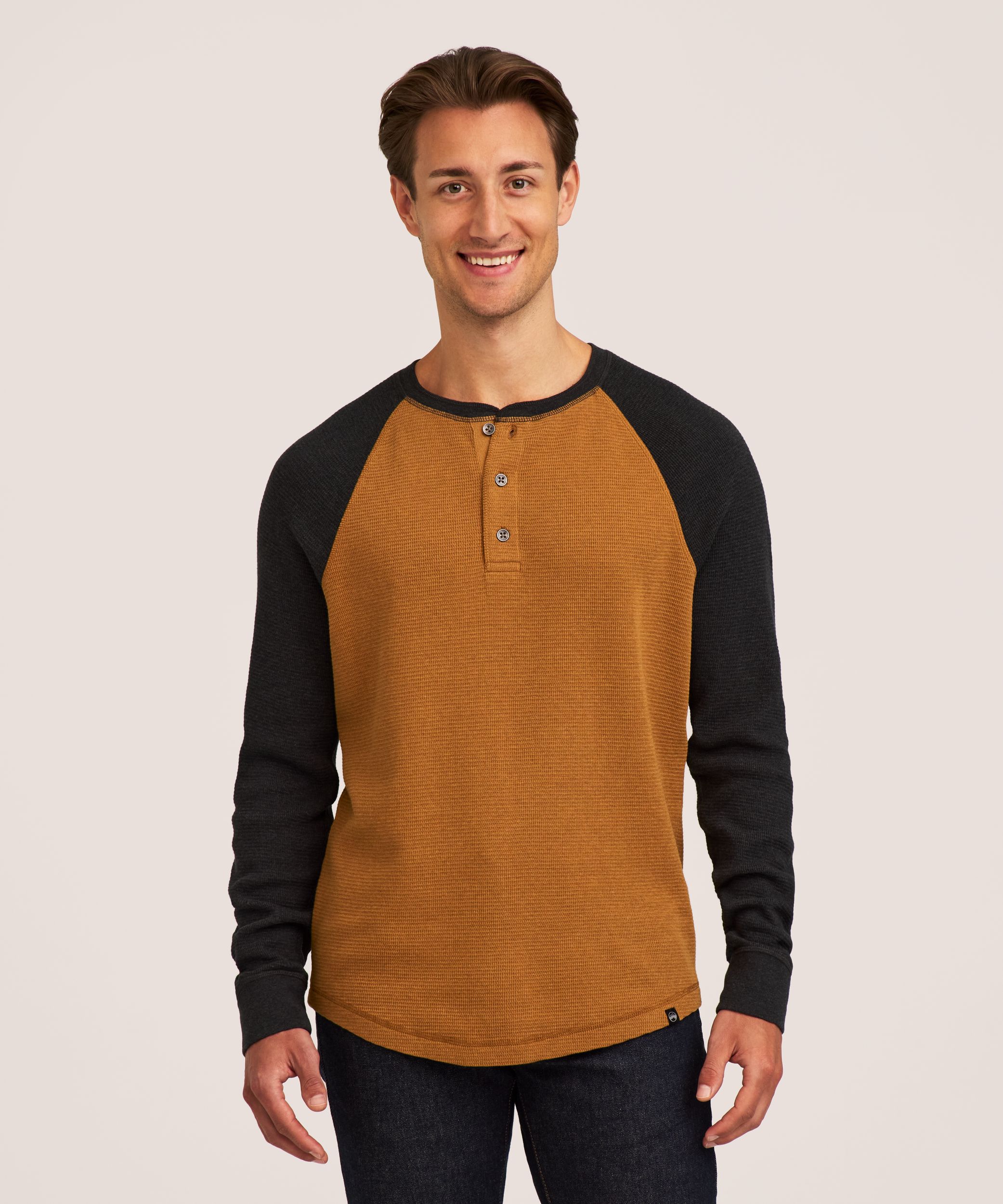 Chemise Henley en point de brioche à manches longues raglan pour hommes, WindRiver