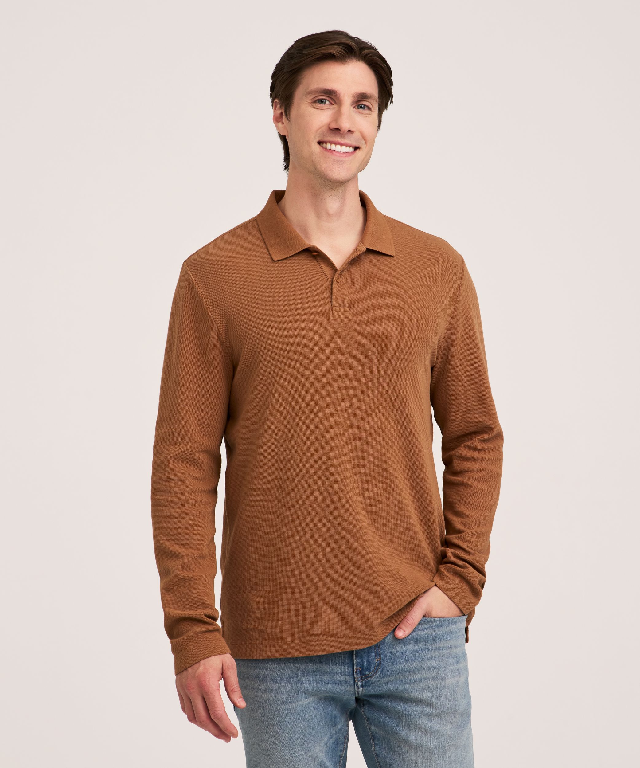 Denver Hayes Men's Long Sleeve Micro Waffle Polo Shirt