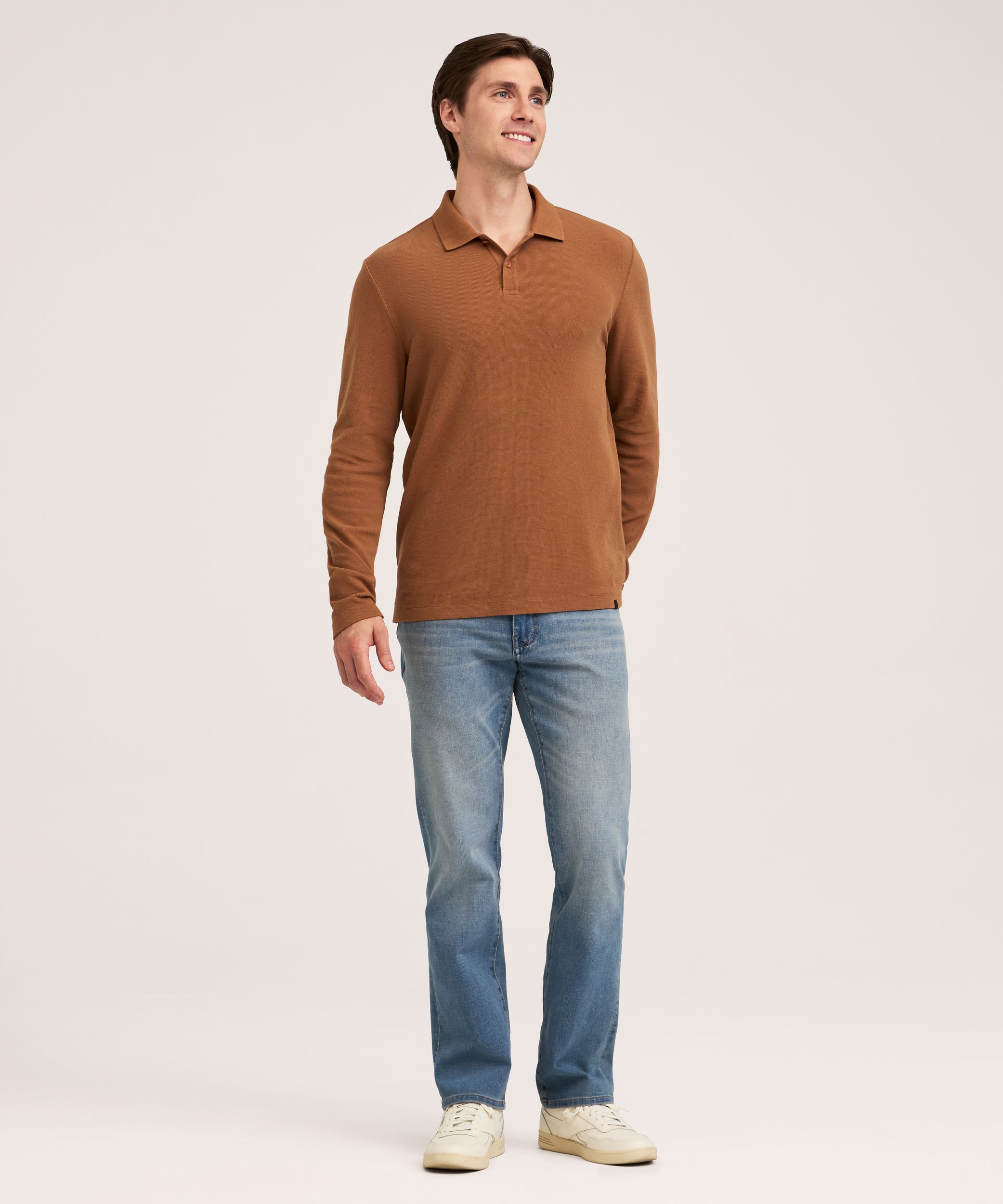 Denver Hayes Men's Long Sleeve Micro Waffle Polo Shirt