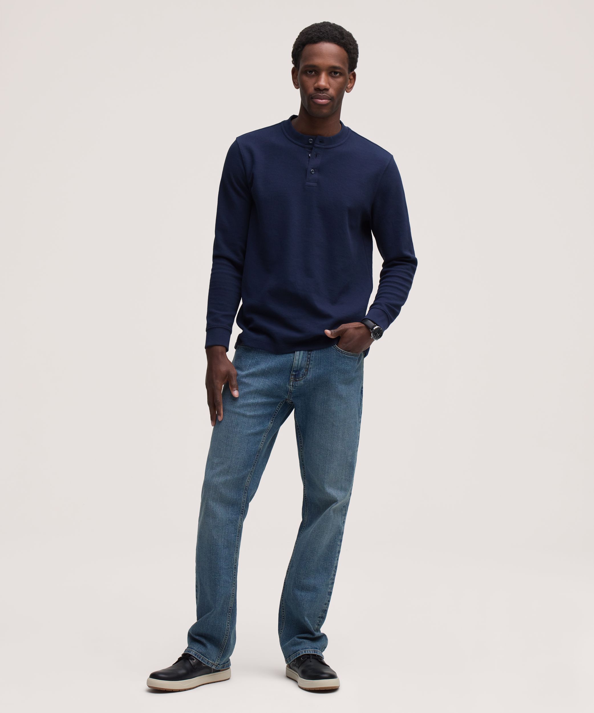 Denver Hayes Men's Long Sleeve Ribbed Henley Shirt