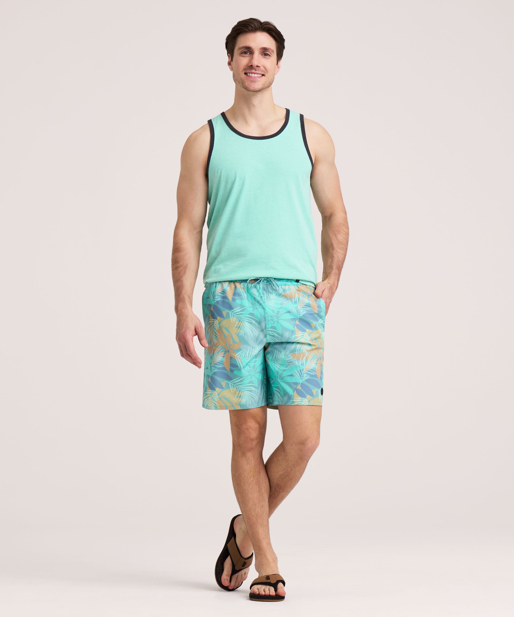 FarWest Men's Printed 8-in Monstera Swim Shorts
