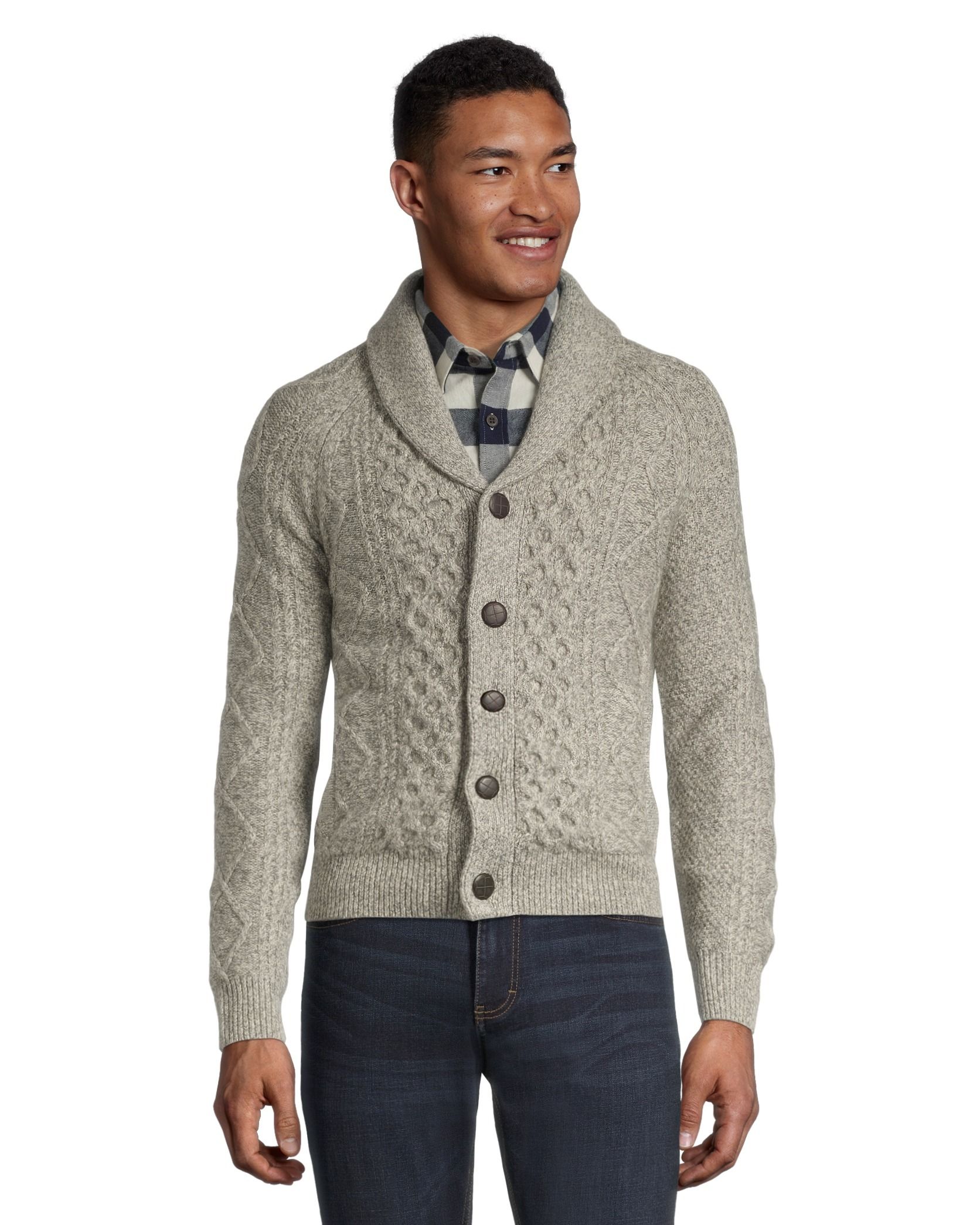 WindRiver Men s Heritage Cable Shawl Neck Full Button Cardigan Marks