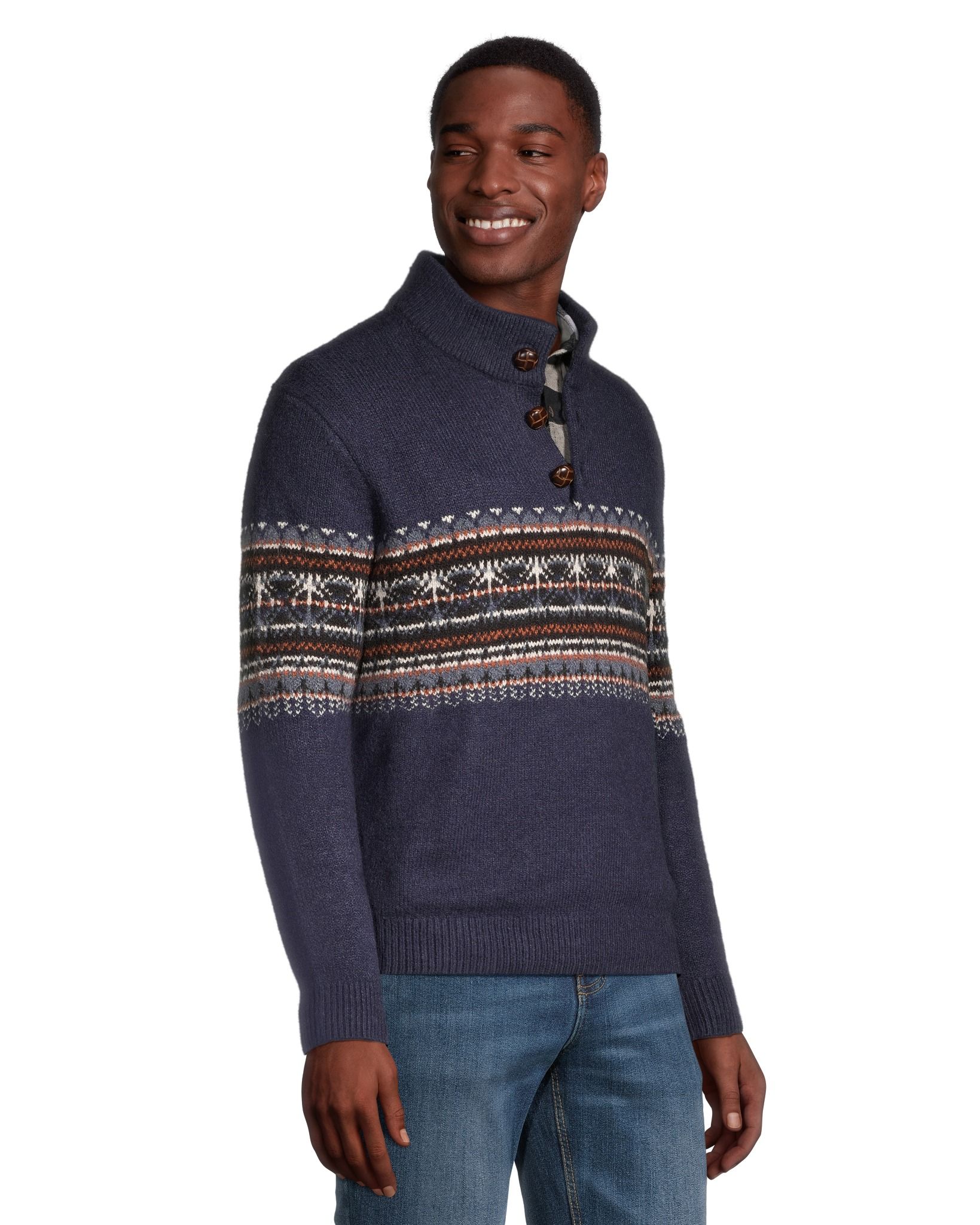 WindRiver Men s Fair Isle Quarter Button Mock Neck Sweater Marks