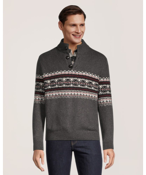 WindRiver Men's Fair Isle Quarter Button Mock Neck Sweater