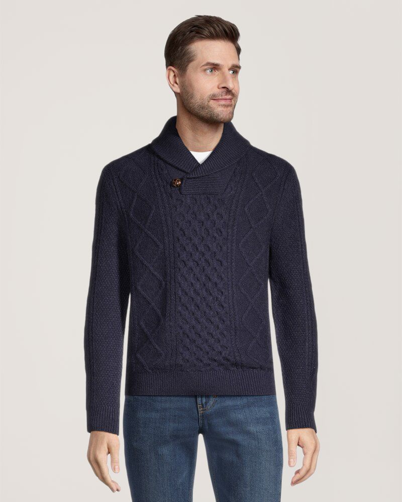 Chandail en tricot à point de torsade à col châle un quart boutonné pour hommes, Heritage, WindRiver