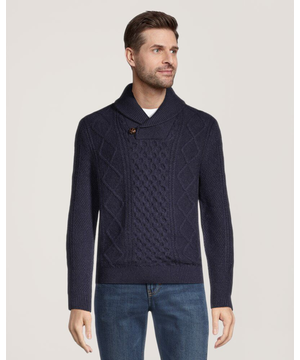 Chandail en tricot à point de torsade à col châle un quart boutonné pour hommes, Heritage, WindRiver