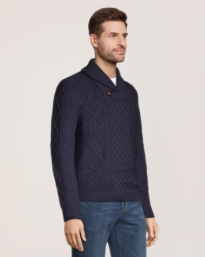 Chandail en tricot à point de torsade à col châle un quart boutonné pour hommes, Heritage, WindRiver
