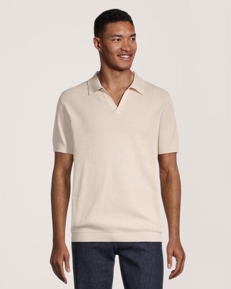 Denver Hayes Men's Textured Knit Johnny Collar Polo Shirt