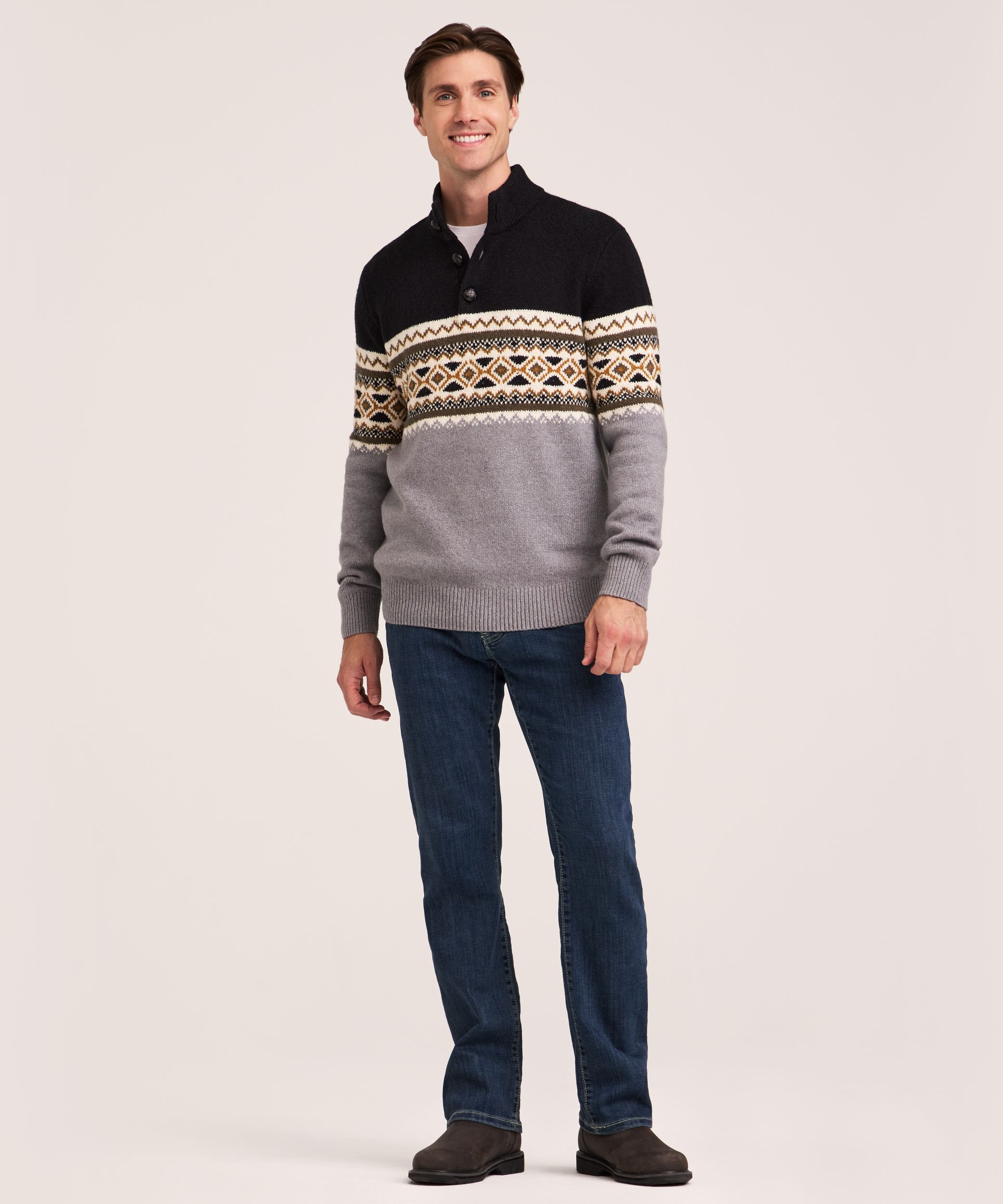 Chandail à col cheminée et à fermeture boutonnée 1/4 avec motif Jacquard pour hommes, WindRiver