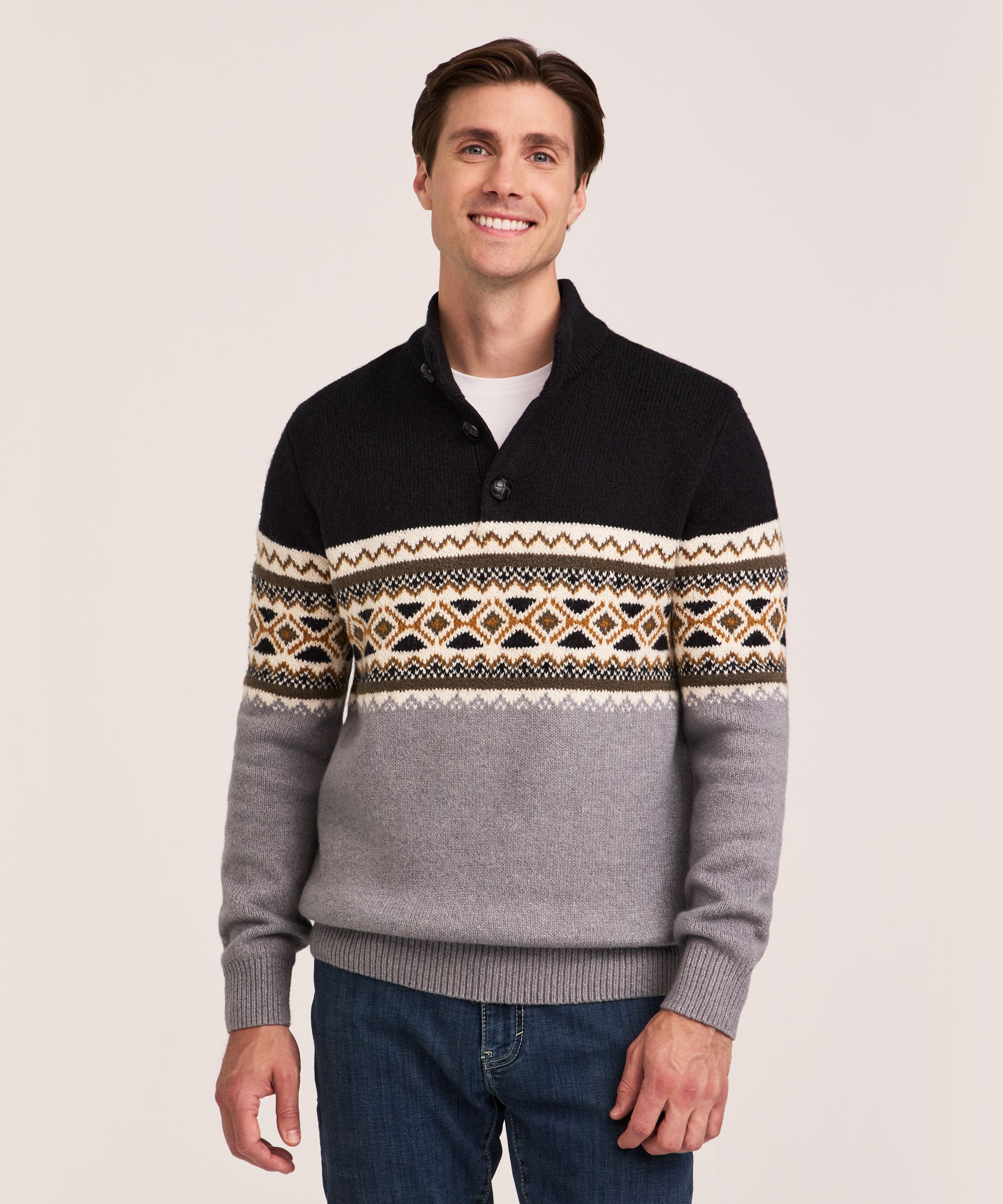 Chandail à col cheminée et à fermeture boutonnée 1/4 avec motif Jacquard pour hommes, WindRiver