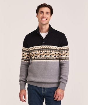WindRiver Men's Heritage Fairisle Quarter Button Mock Neck Sweater