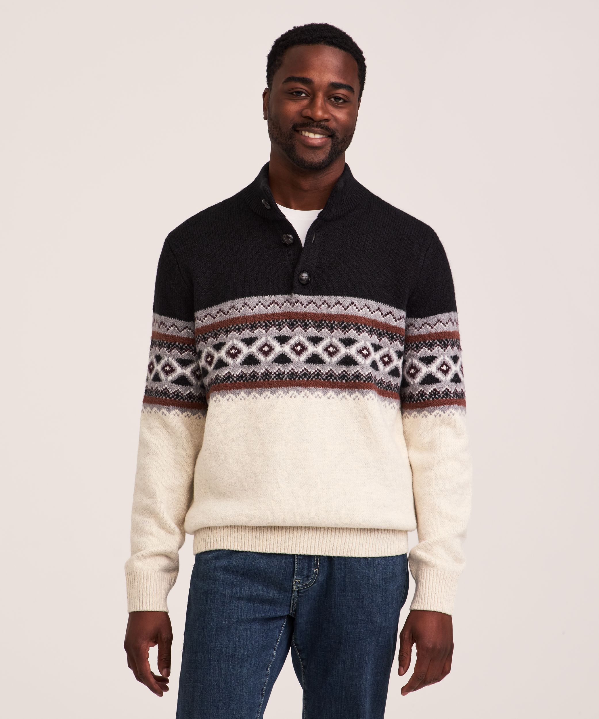 WindRiver Men's Heritage Fairisle Quarter Button Mock Neck Sweater