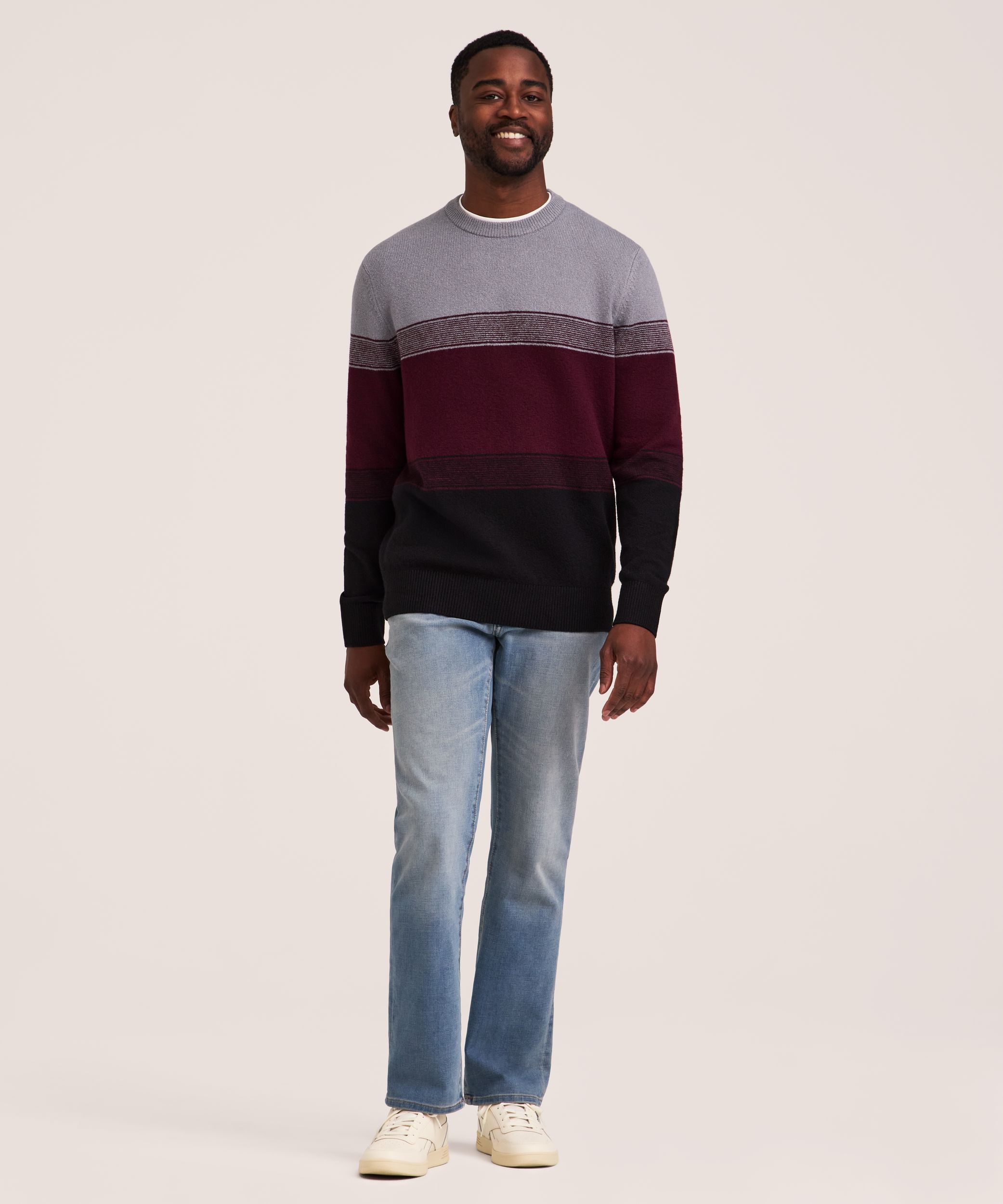 Chandail en tricot gonflant léger à rayures en dégradé et col ras du cou pour hommes, Denver Hayes