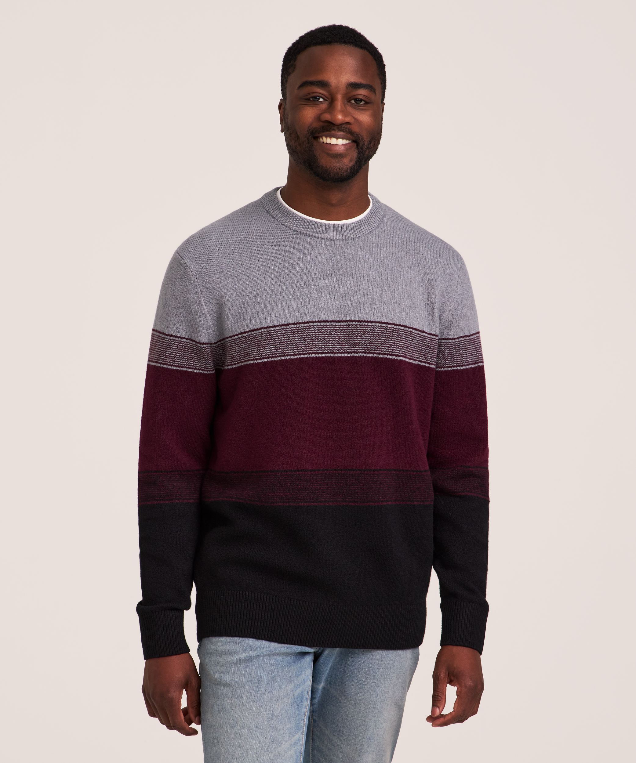 Chandail en tricot gonflant léger à rayures en dégradé et col ras du cou pour hommes, Denver Hayes