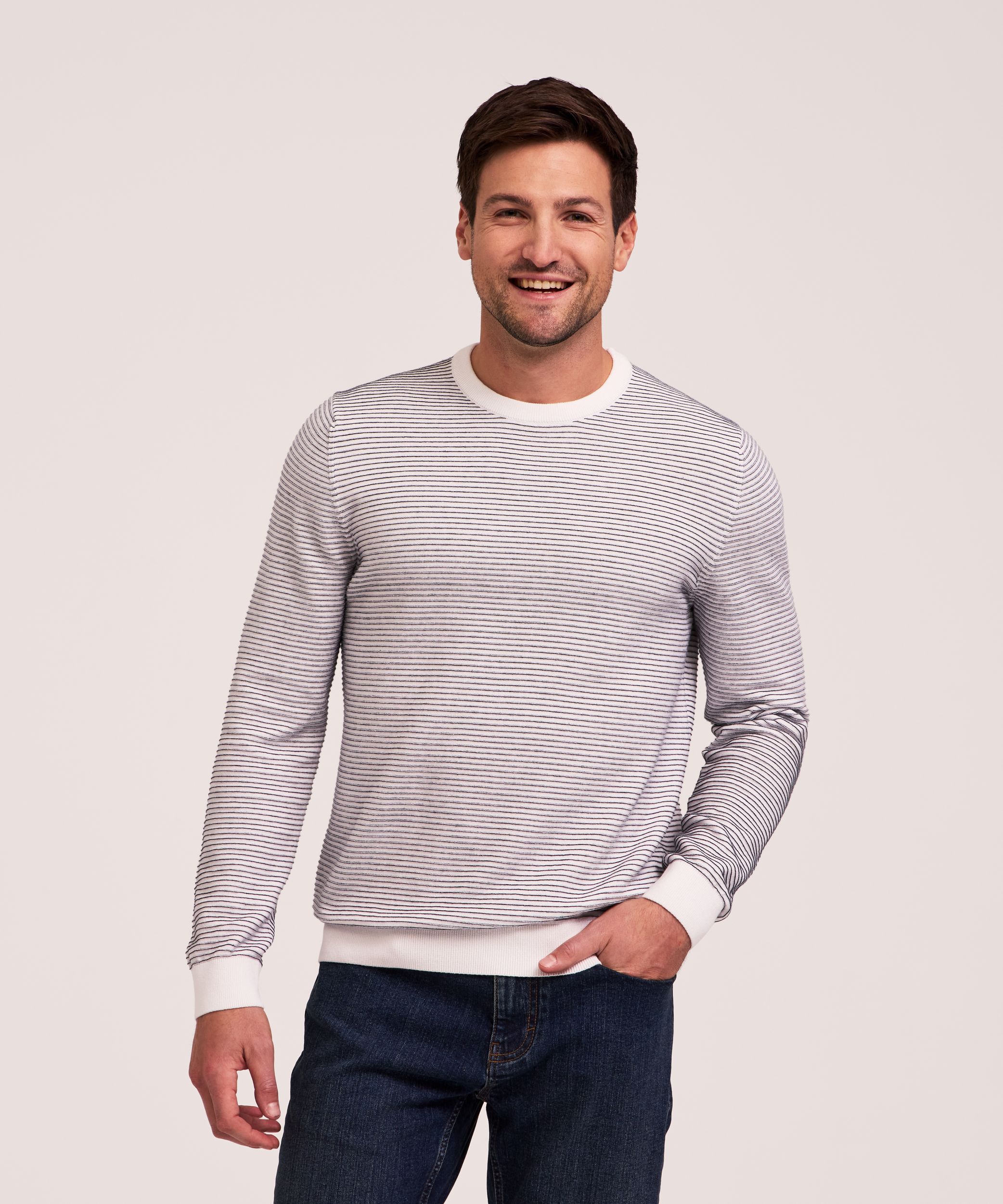 Chandail à col ras du cou en tissu ottoman et à rayures pour hommes, Denver Hayes