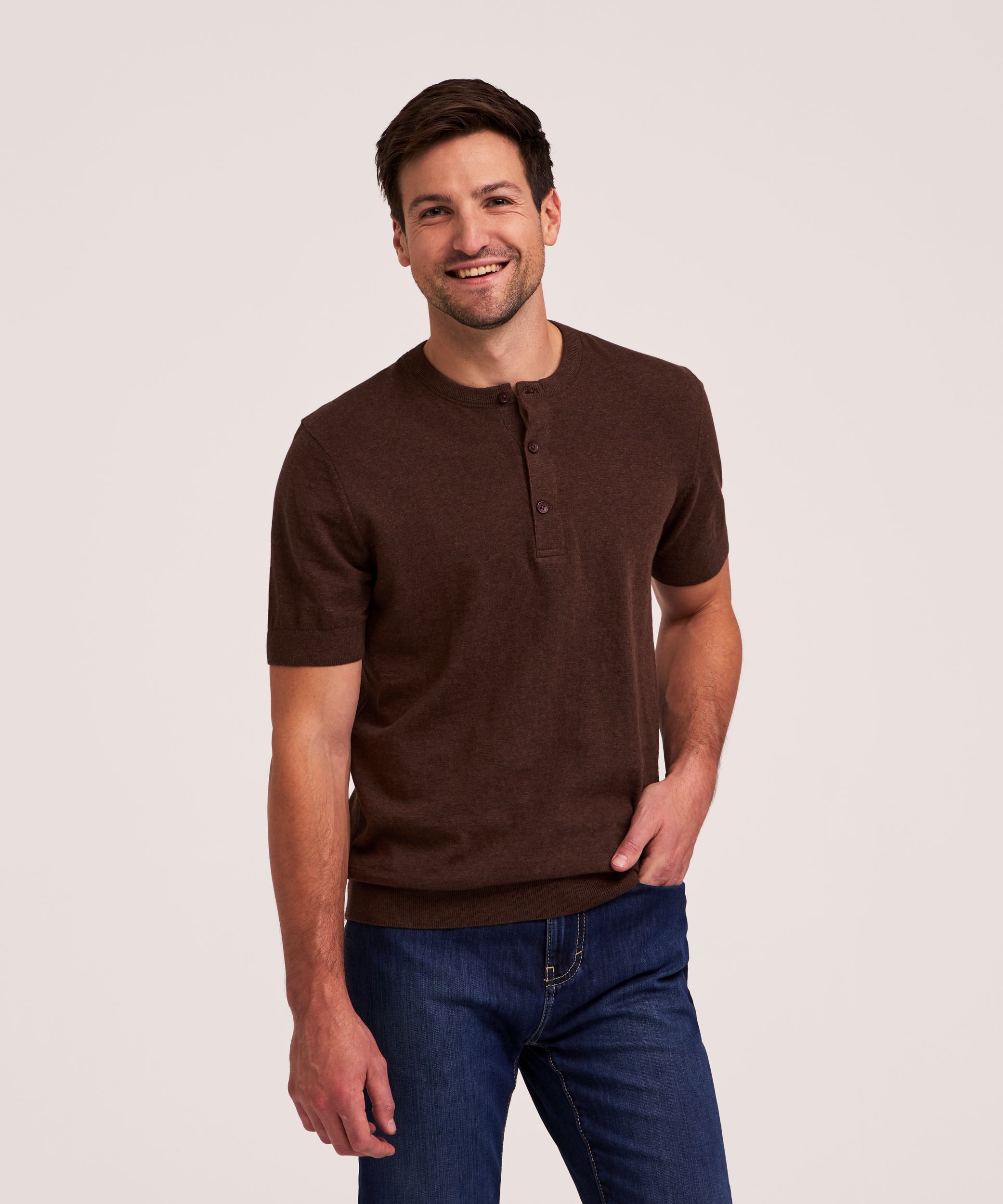 Denver Hayes Men's Short Sleeve Henley Cotton Sweater