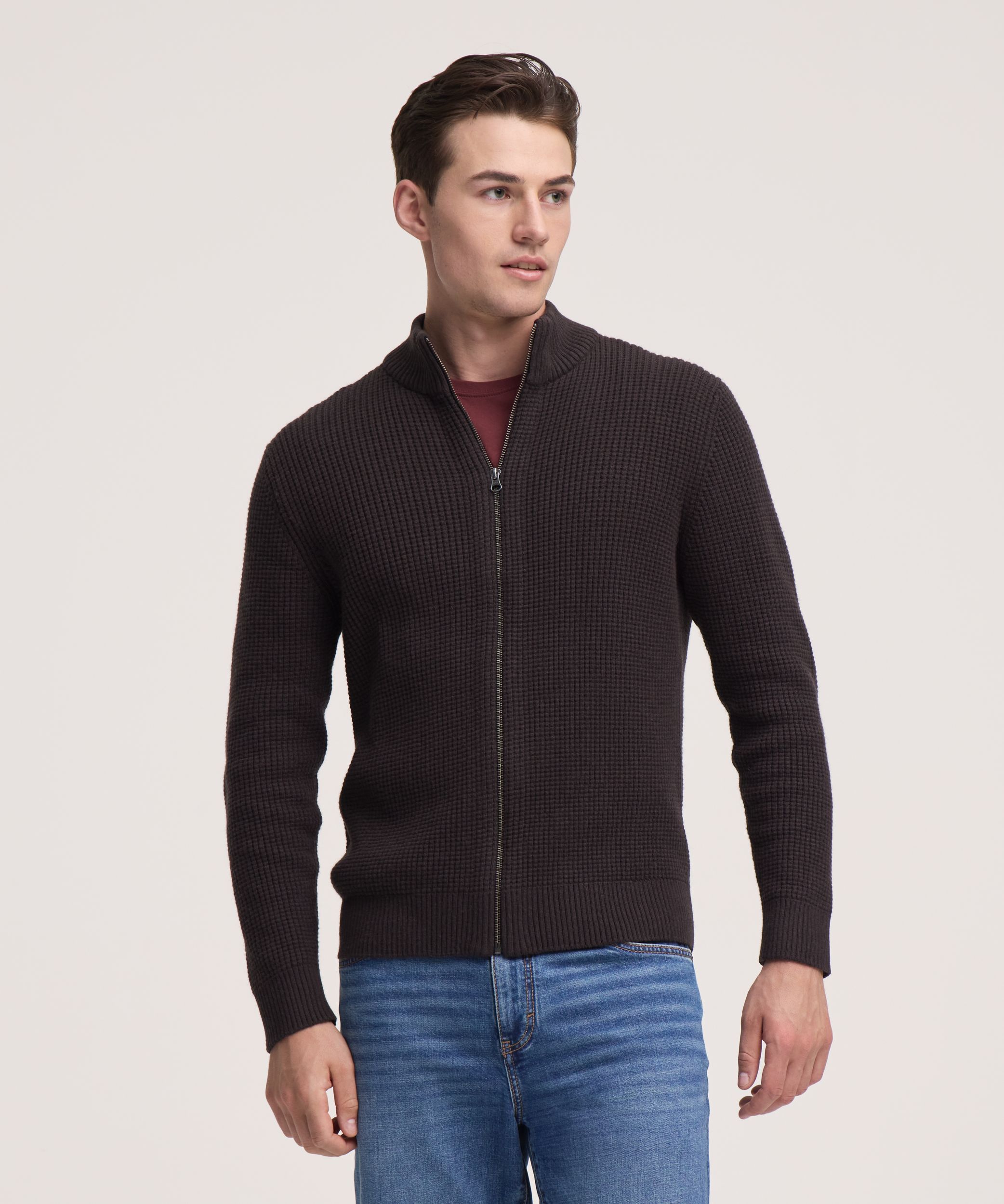 Chandail en tricot gaufré à glissière pleine longueur pour hommes, Denver Hayes