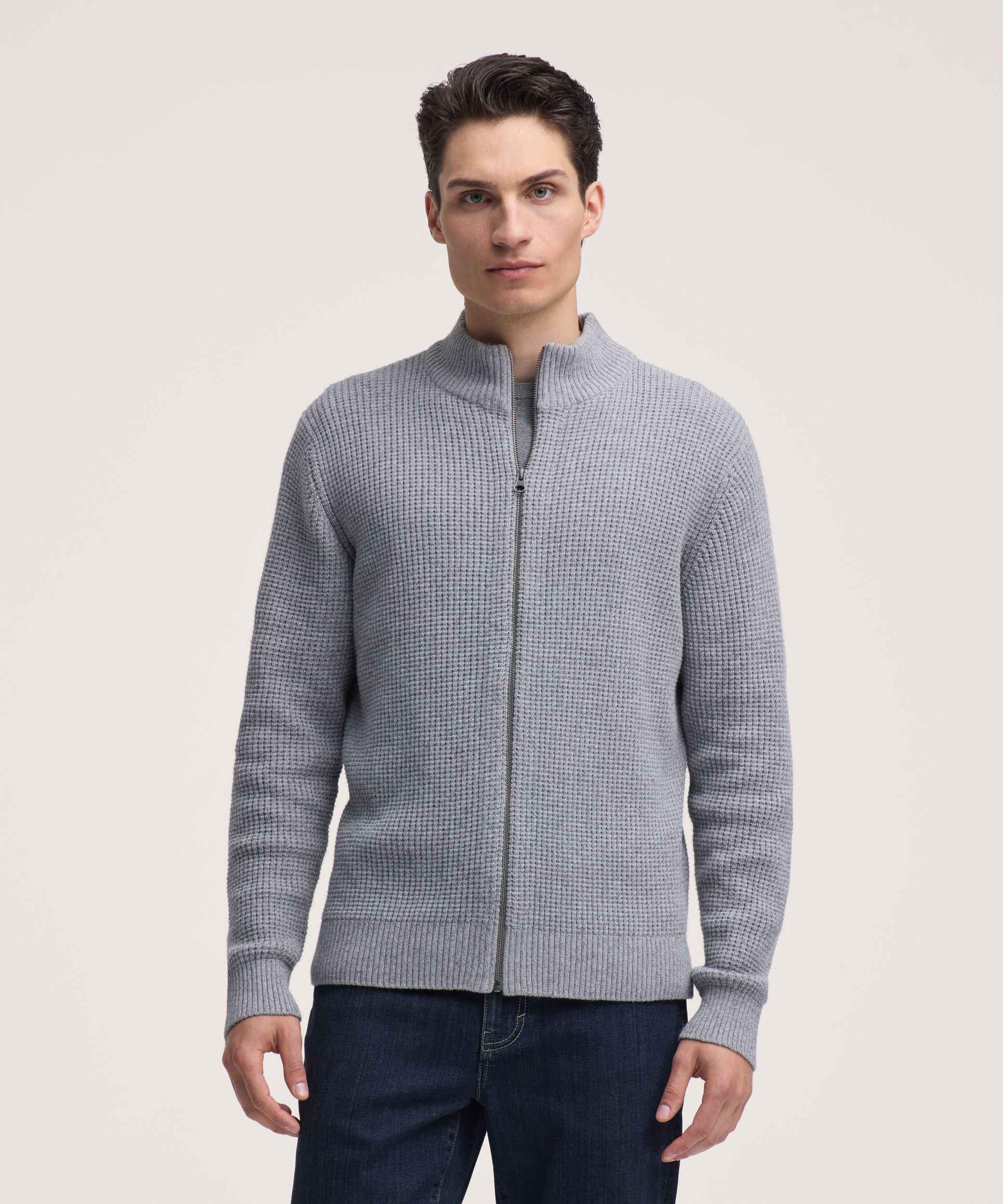 Chandail en tricot gaufré à glissière pleine longueur pour hommes, Denver Hayes