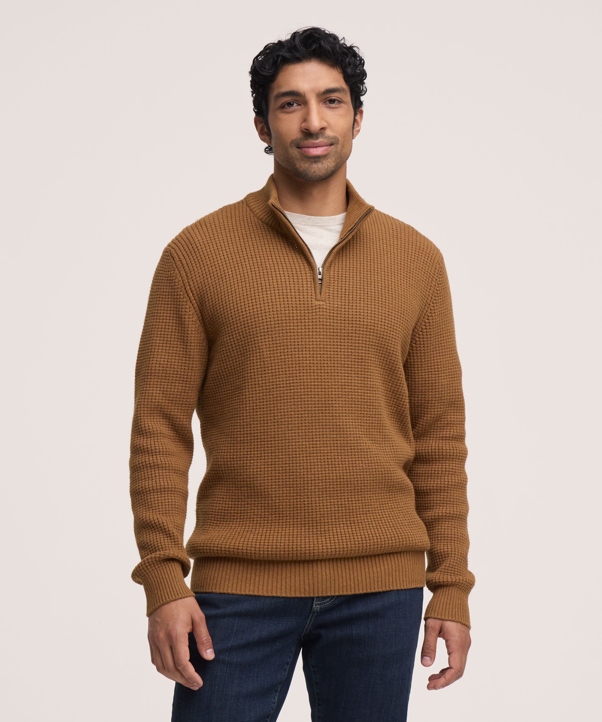 Chandail en tricot gaufré à col cheminée et glissière 1/4 pour hommes, Denver Hayes