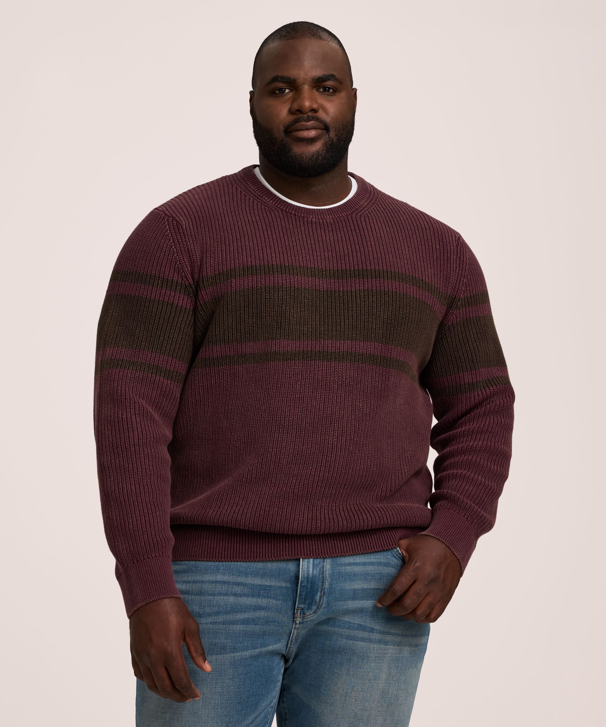 Chandail rayé à col ras du cou et mailles perlées avec effet délavé pour hommes, Denver Hayes