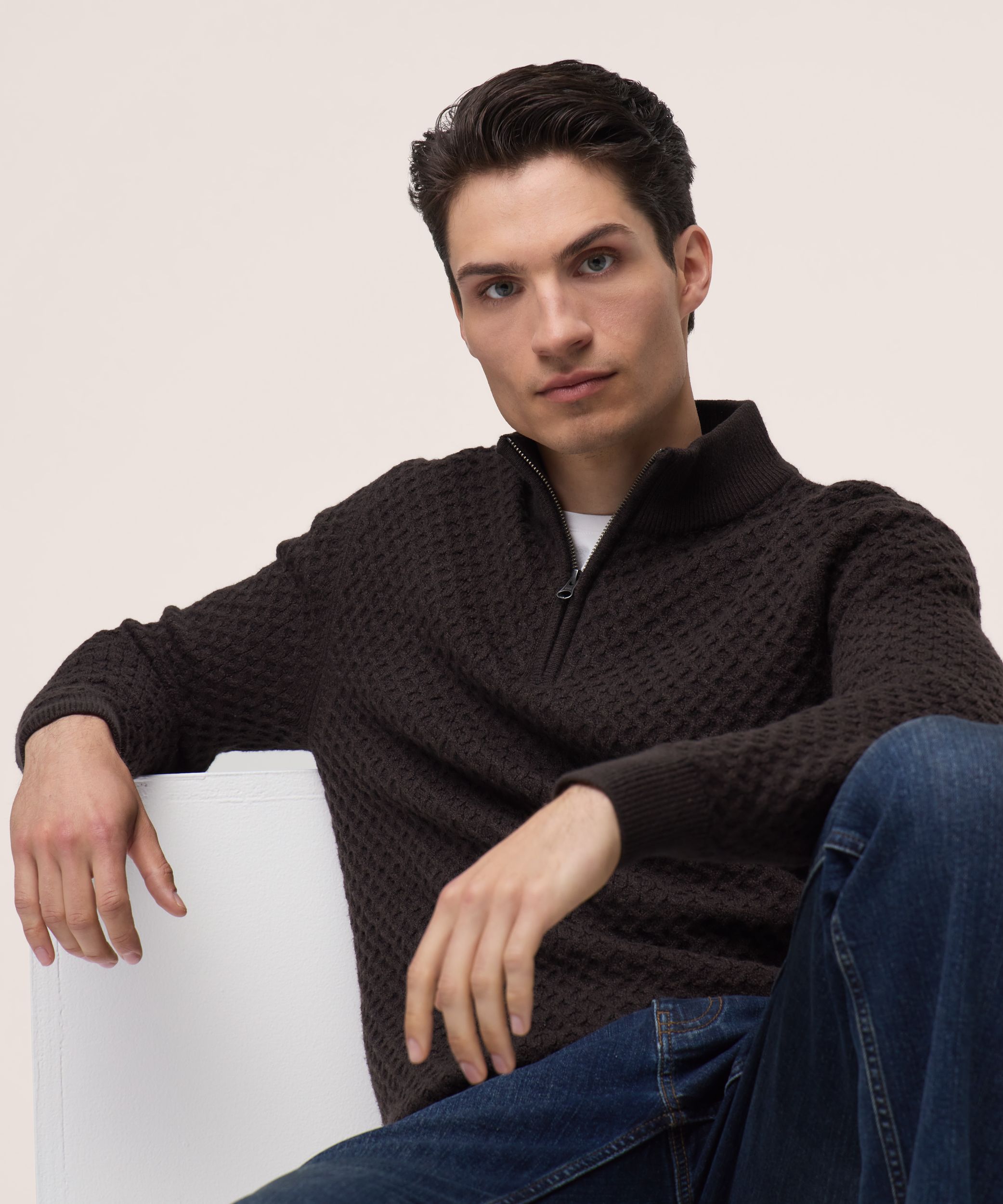 Chandail en tricot à col cheminée avec glissière 1/4 pour hommes, Denver Hayes