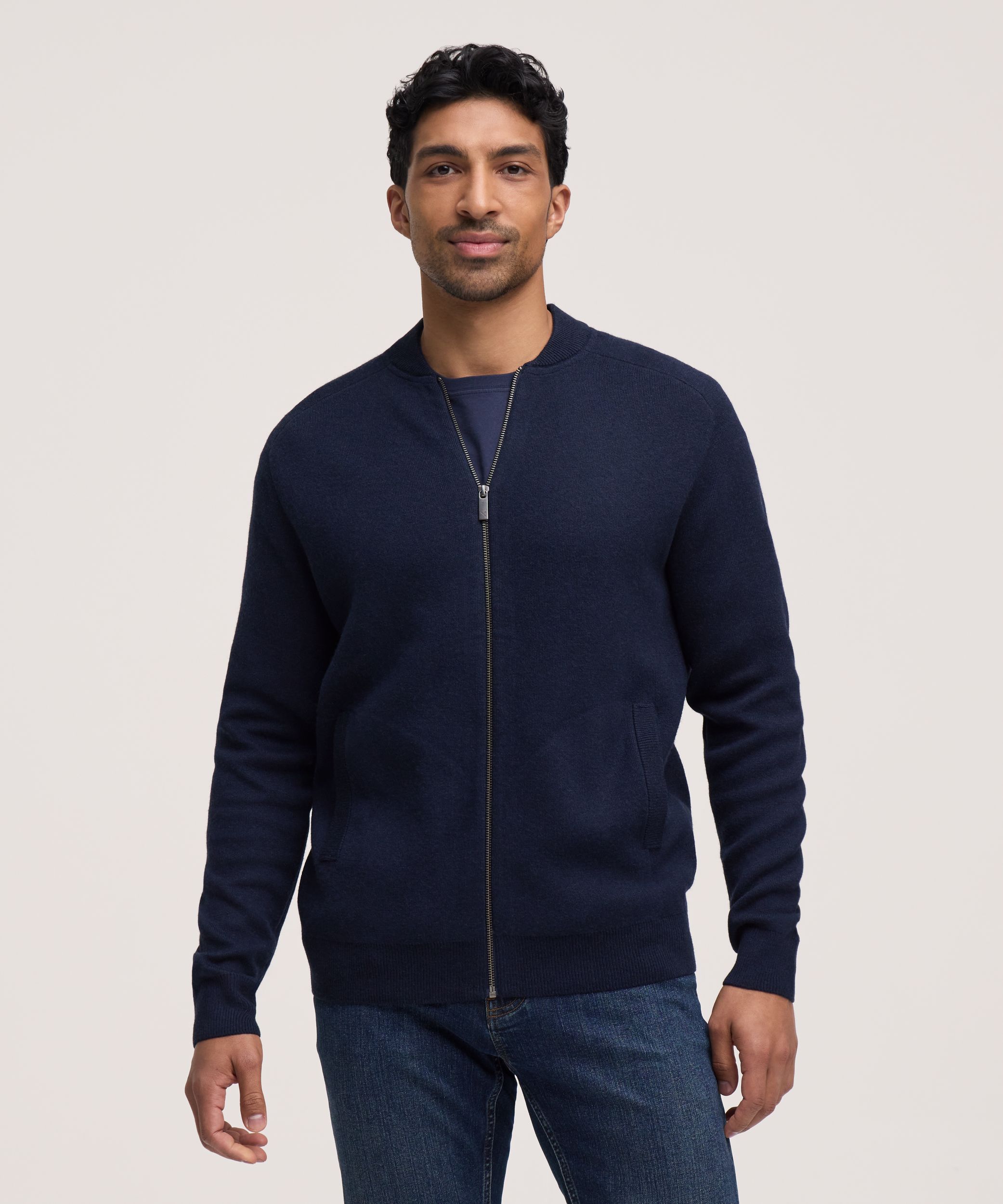 Blouson aviateur en tricot double avec glissière pleine longueur pour hommes, Denver Hayes