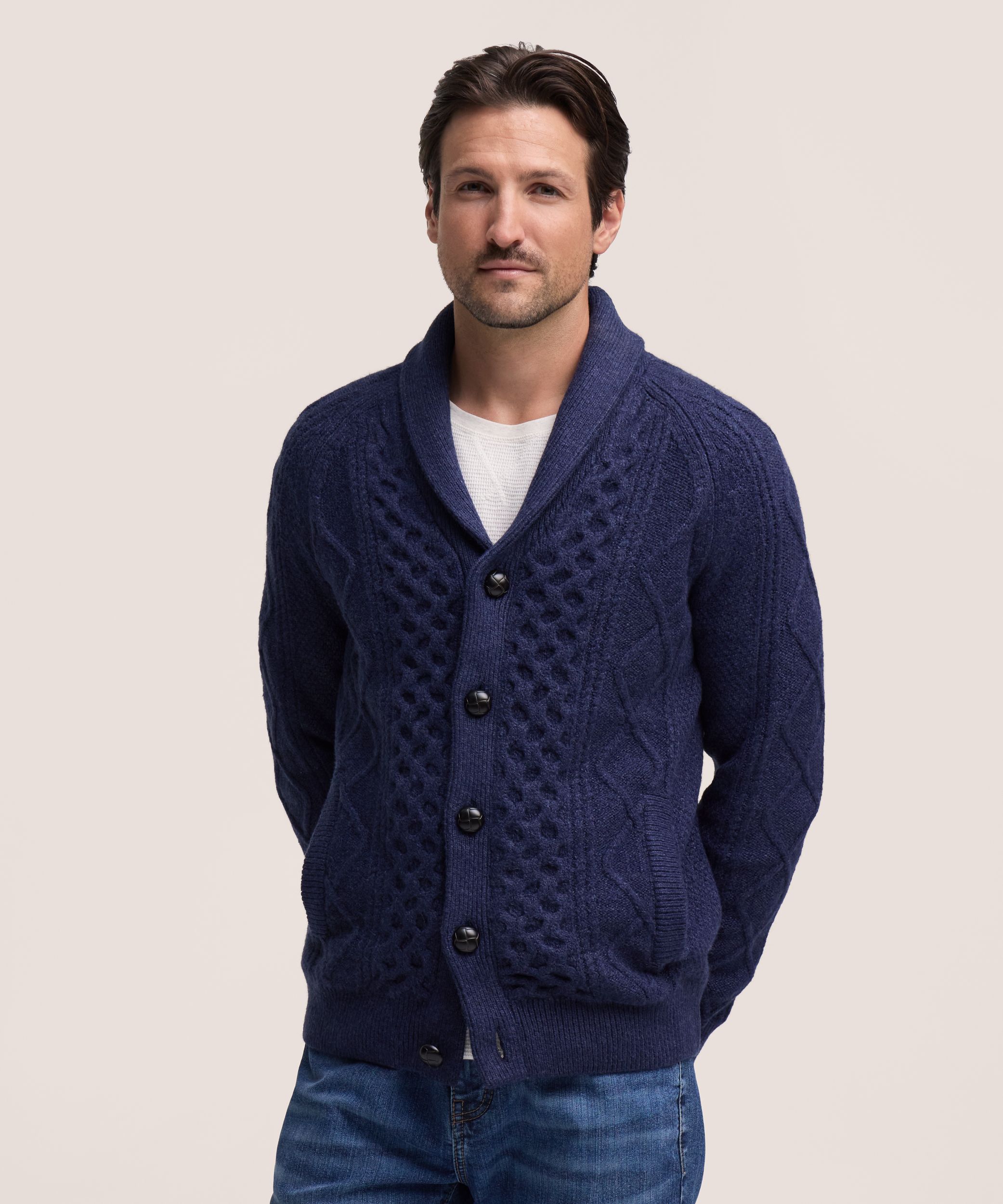 Chandail cardigan en tricot torsadé pour hommes, WindRiver
