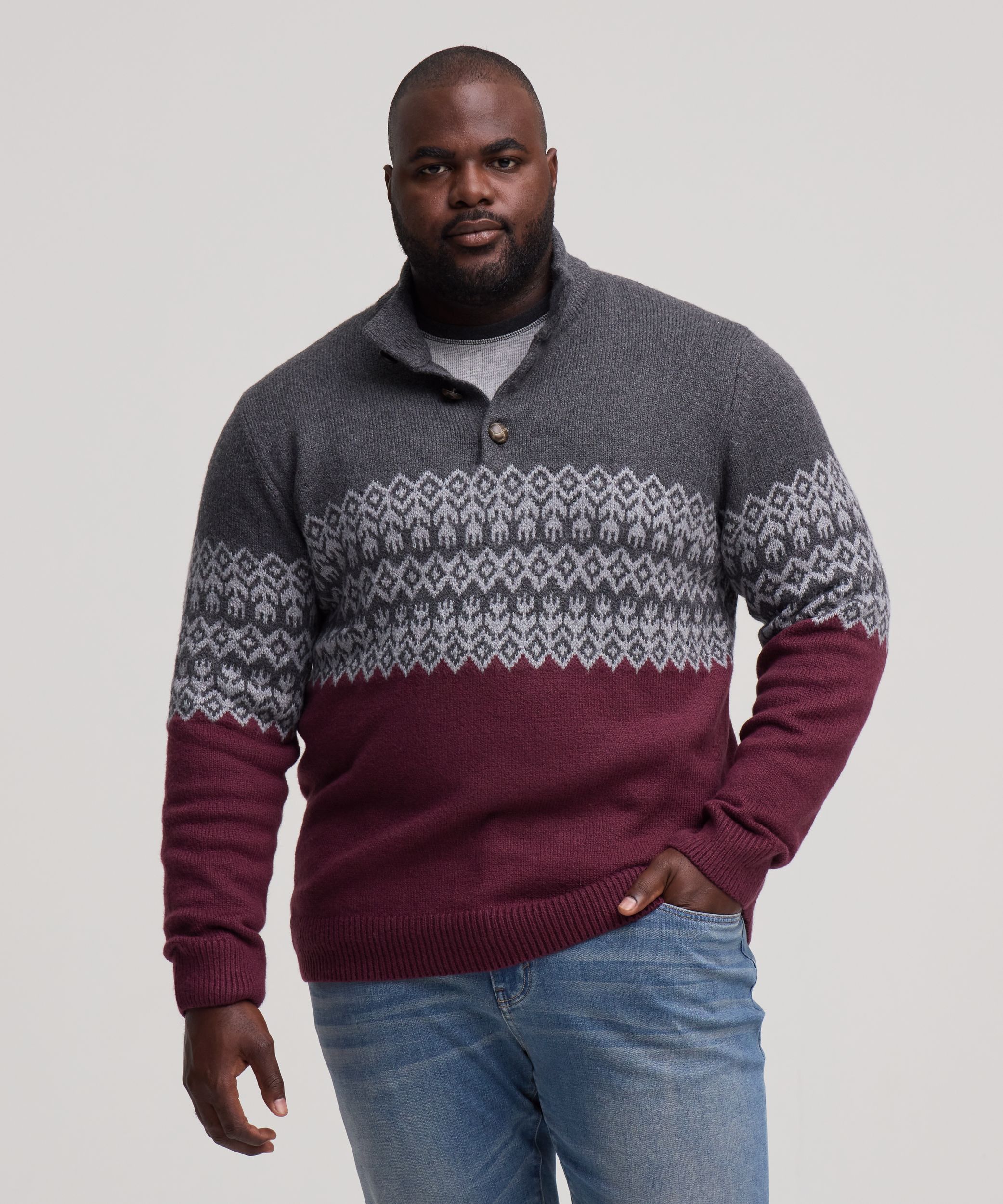 Chandail à motif jacquard avec col cheminée et fermeture à boutons&nbsp;1/4 pour hommes, WindRiver