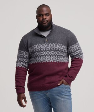 WindRiver Men's Fair Isle1/4 Button Mockneck Sweater