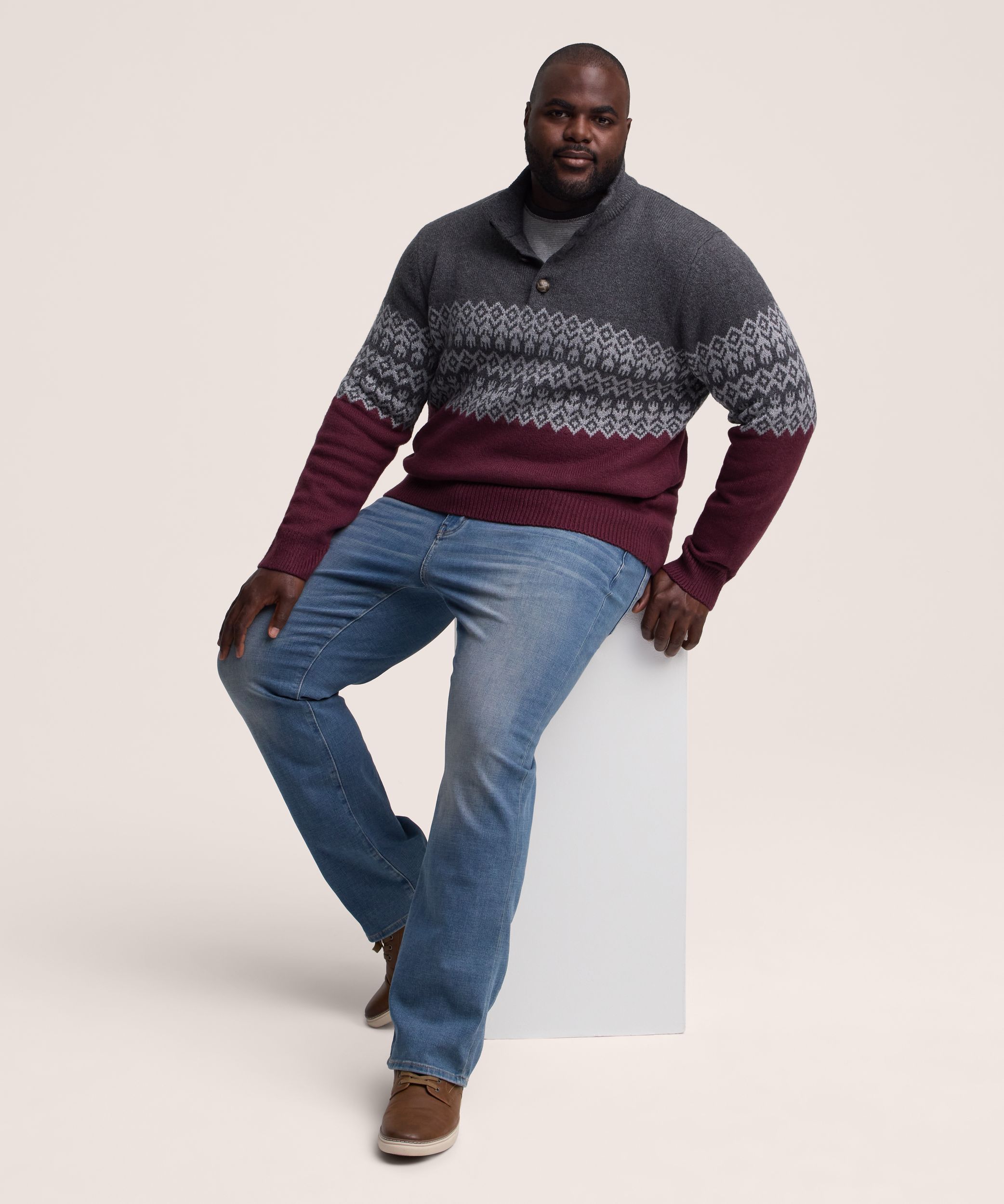 Chandail à motif jacquard avec col cheminée et fermeture à boutons&nbsp;1/4 pour hommes, WindRiver