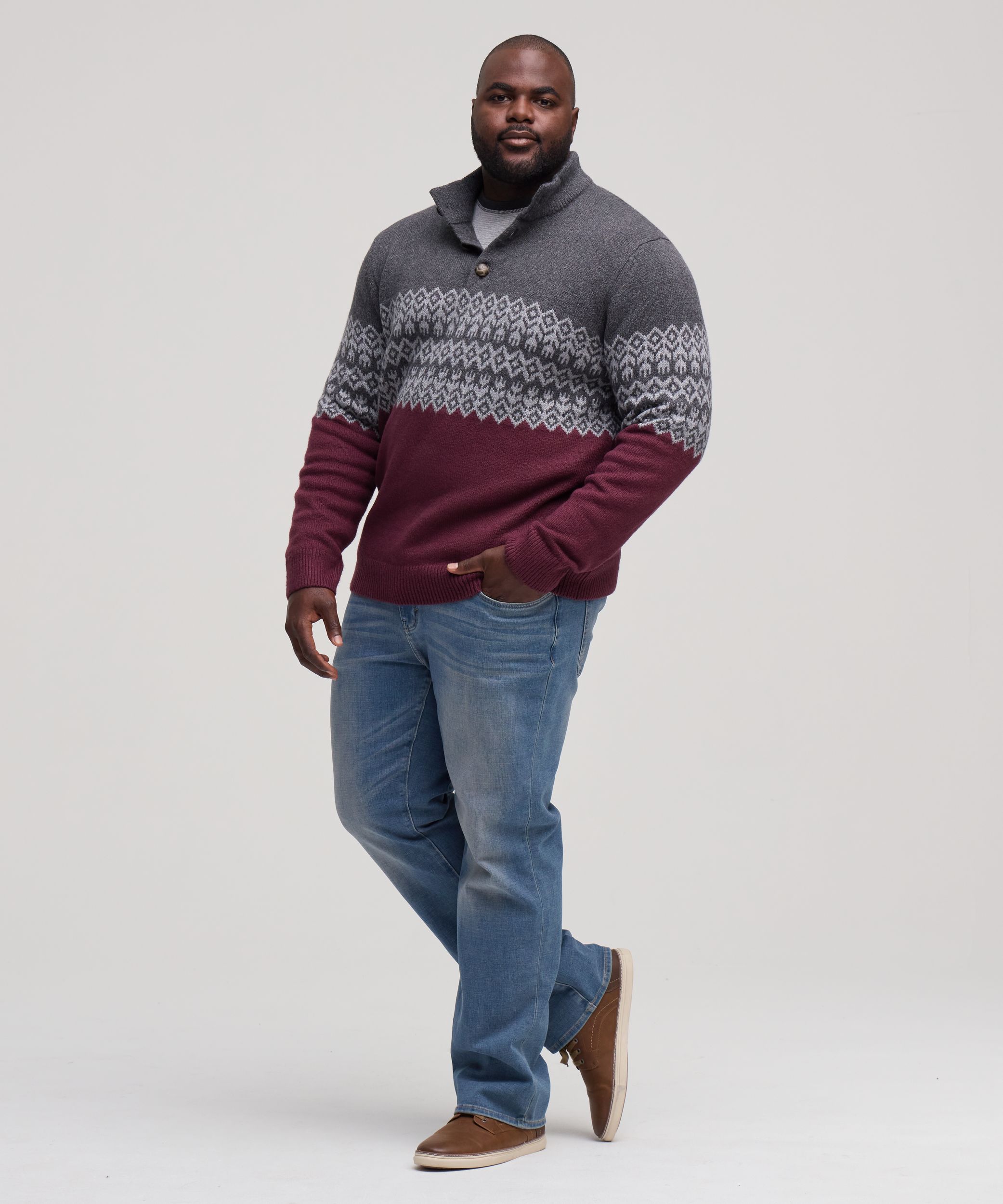 Chandail à motif jacquard avec col cheminée et fermeture à boutons&nbsp;1/4 pour hommes, WindRiver