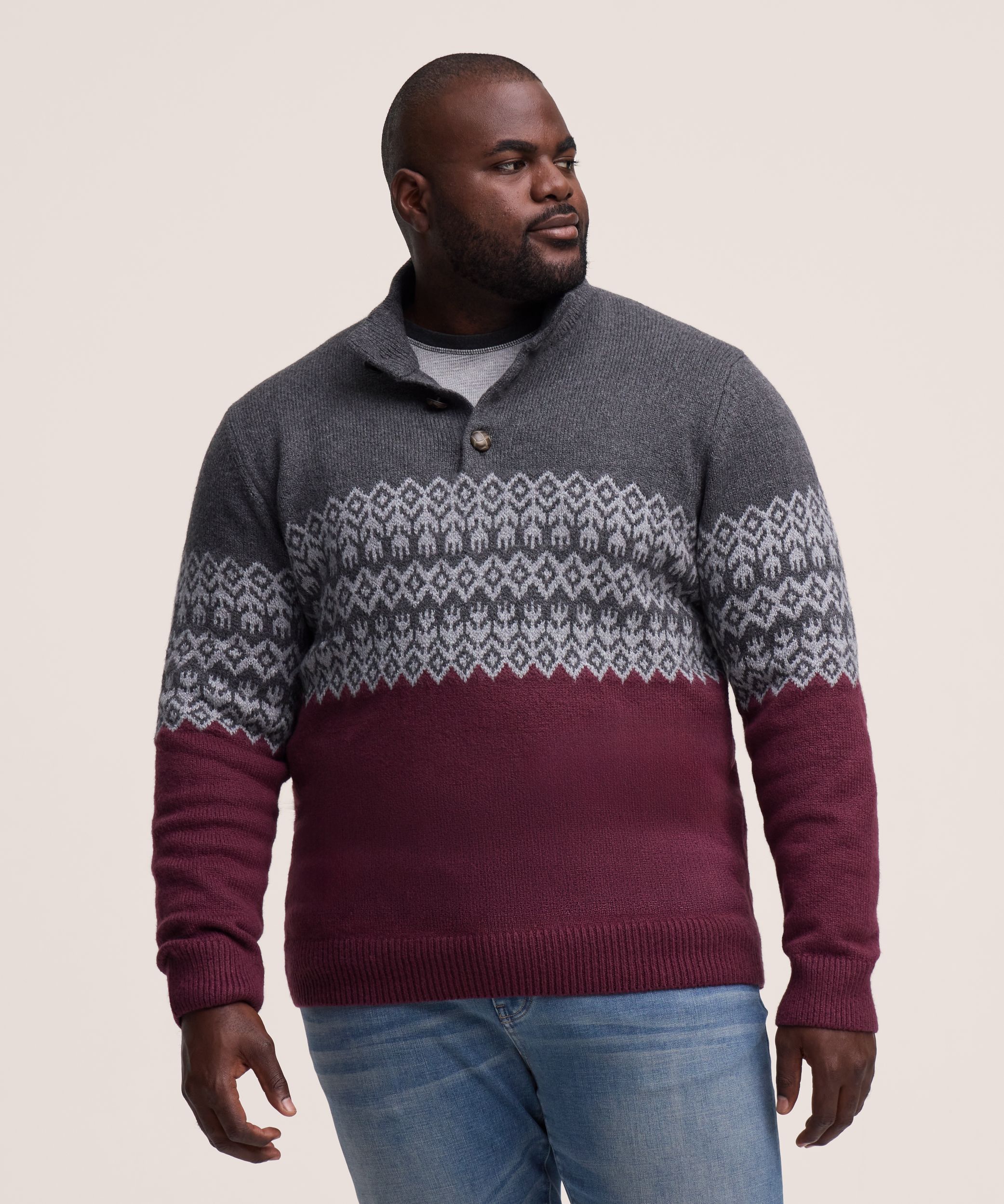 Chandail à motif jacquard avec col cheminée et fermeture à boutons&nbsp;1/4 pour hommes, WindRiver