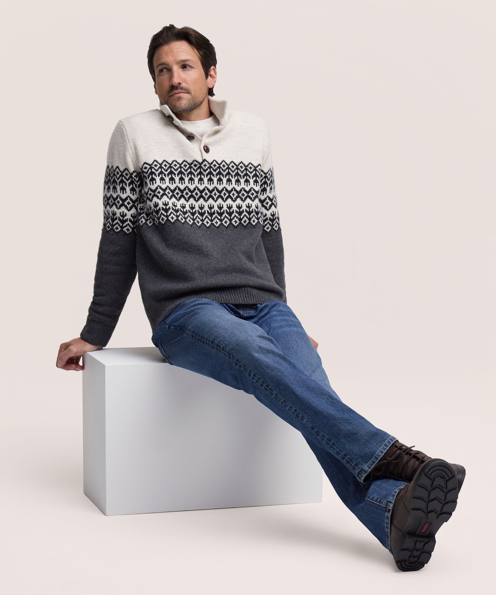 WindRiver Men's Fair Isle 1/4 Button Mockneck Sweater