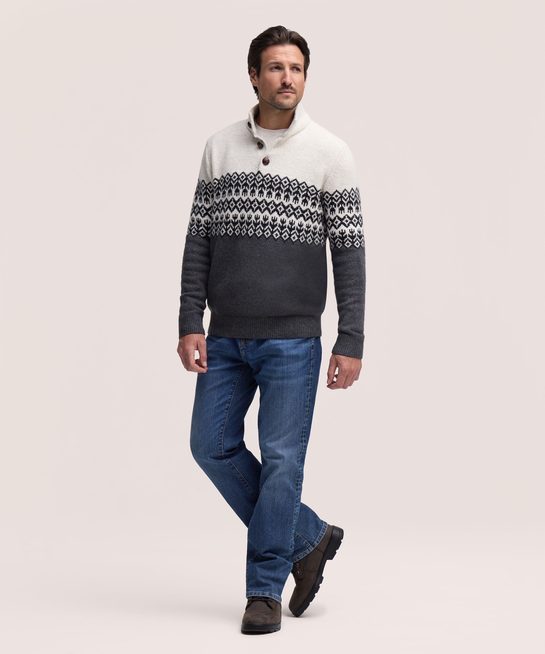 WindRiver Men's Fair Isle 1/4 Button Mockneck Sweater