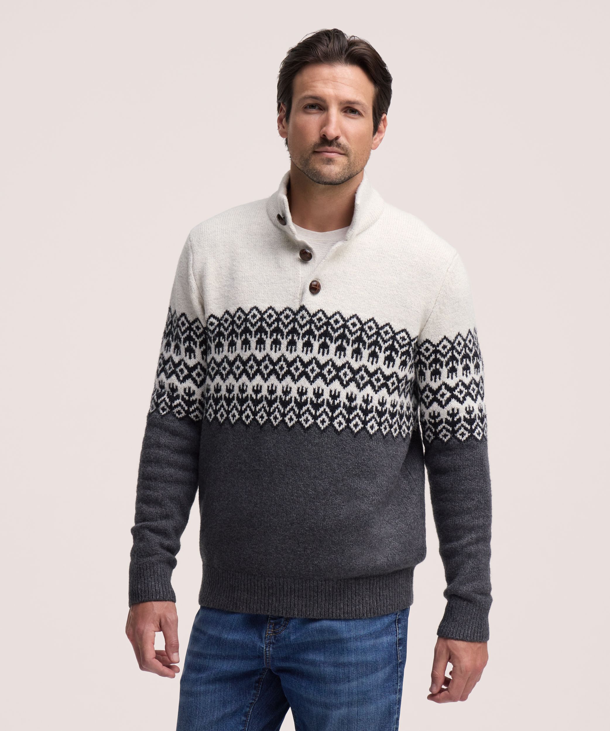 WindRiver Men's Fair Isle 1/4 Button Mockneck Sweater