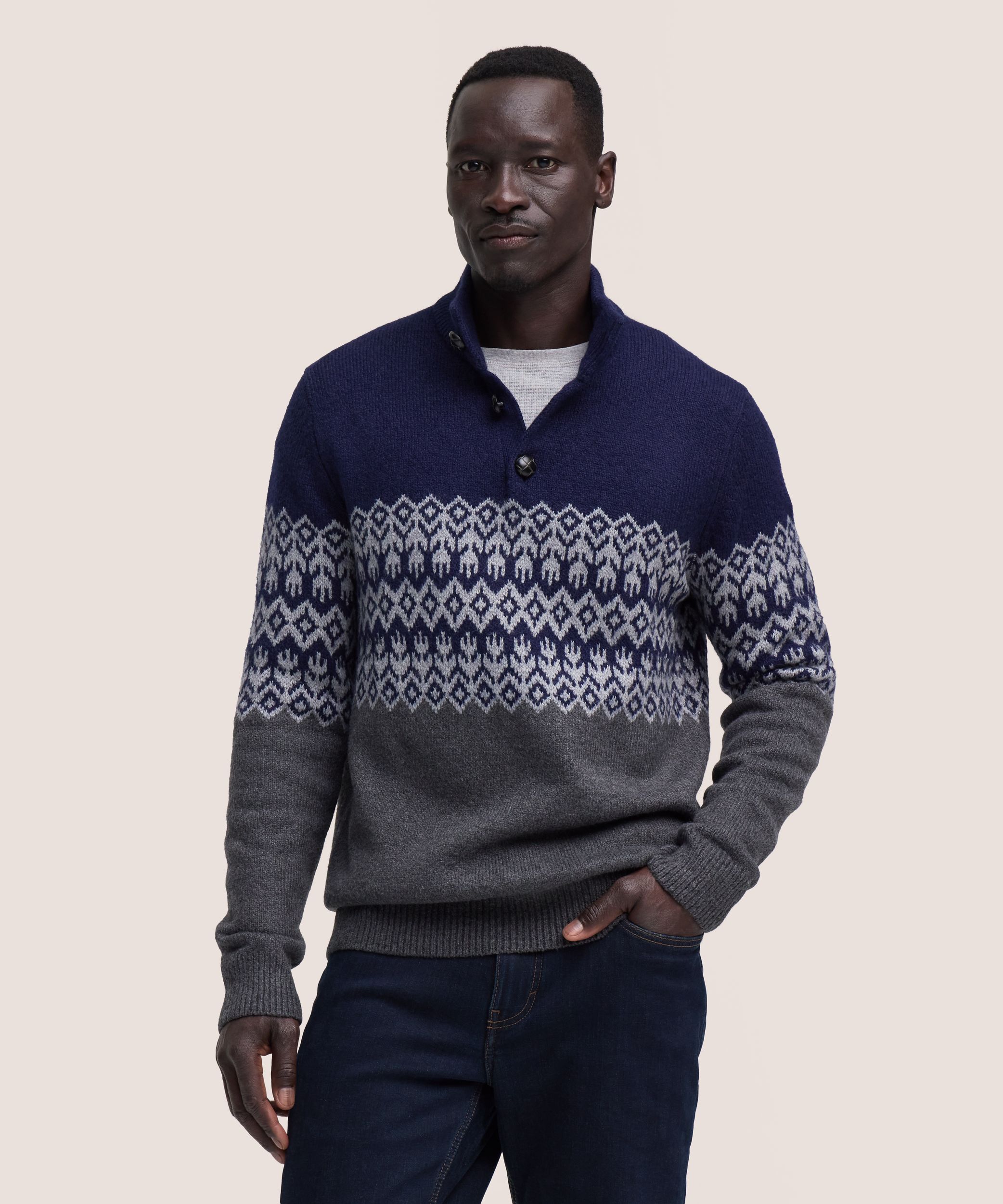 Chandail à motif jacquard avec col cheminée et fermeture à boutons&nbsp;1/4 pour hommes, WindRiver