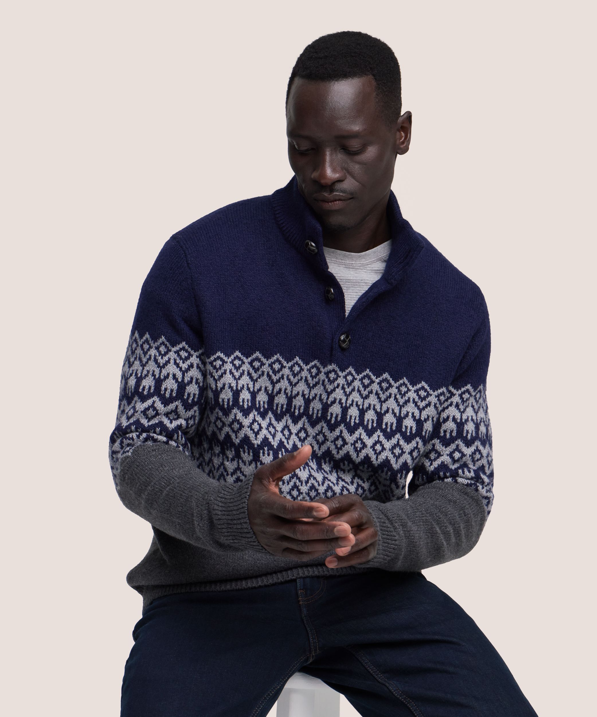Chandail à motif jacquard avec col cheminée et fermeture à boutons&nbsp;1/4 pour hommes, WindRiver