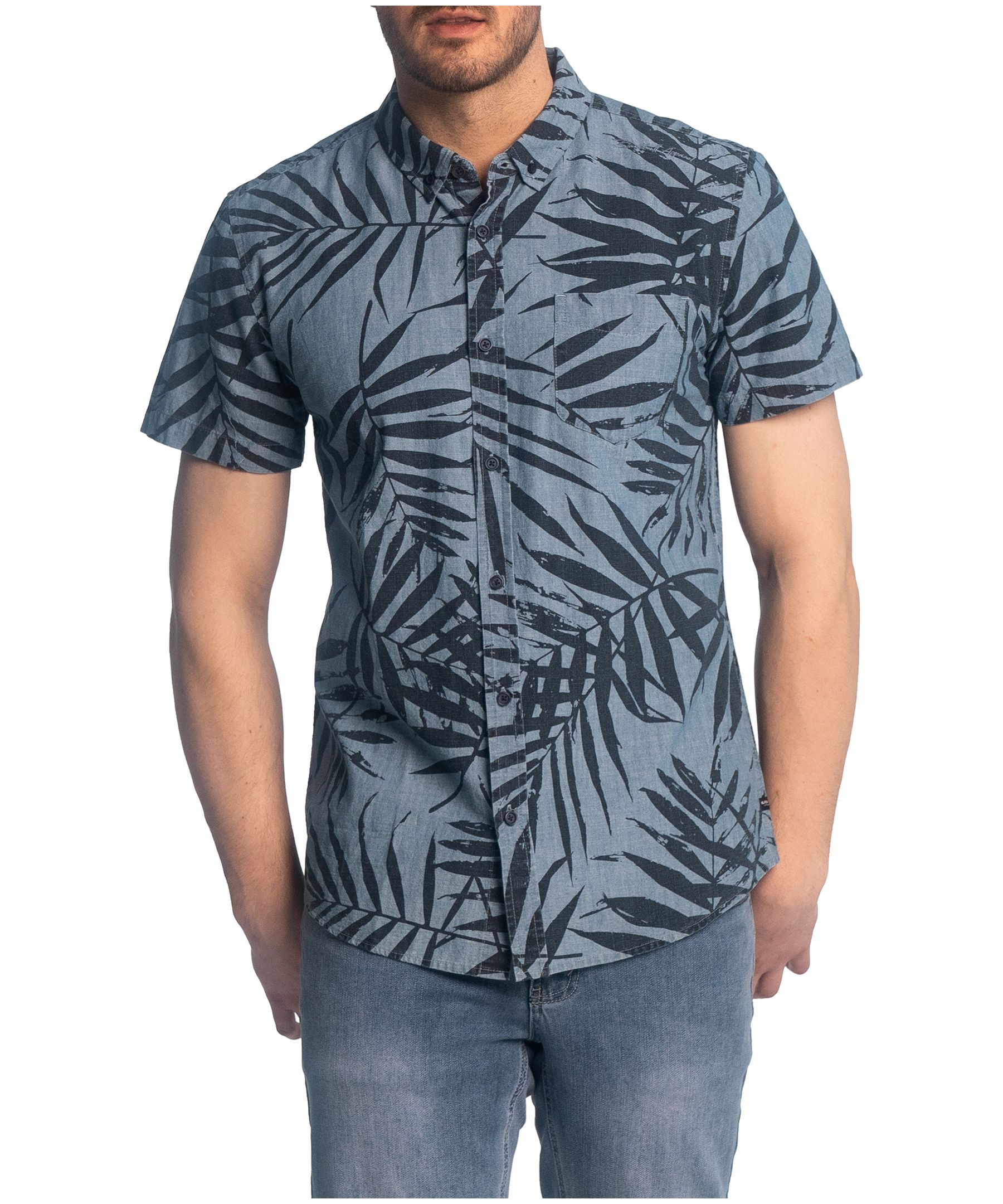 Chemise en denim boutonnée à manches courtes avec imprimé pour hommes, Black Bull, Kris