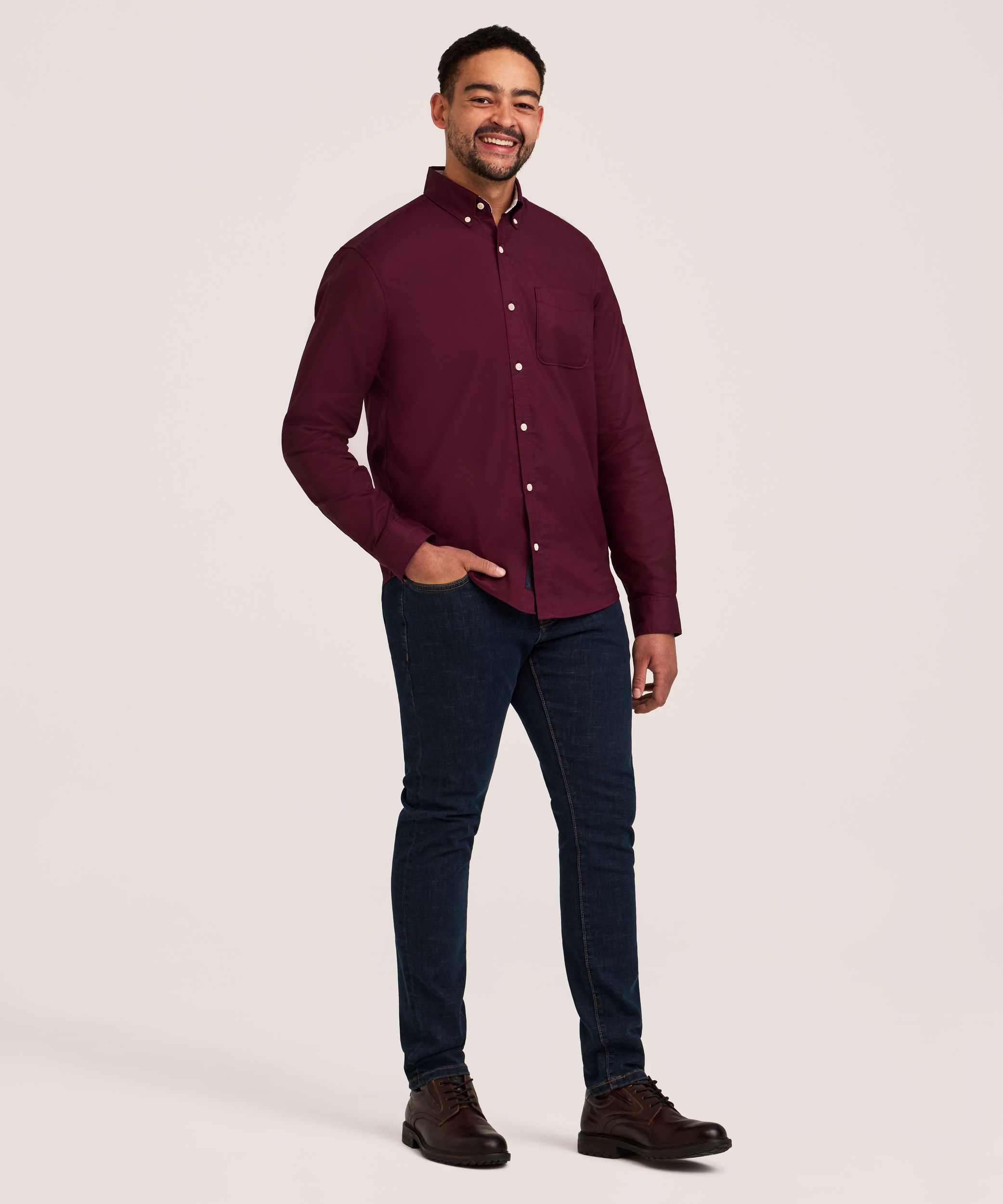 Chemise boutonnée décontractée et extensible Oxford à manches longues pour hommes, Denver Hayes