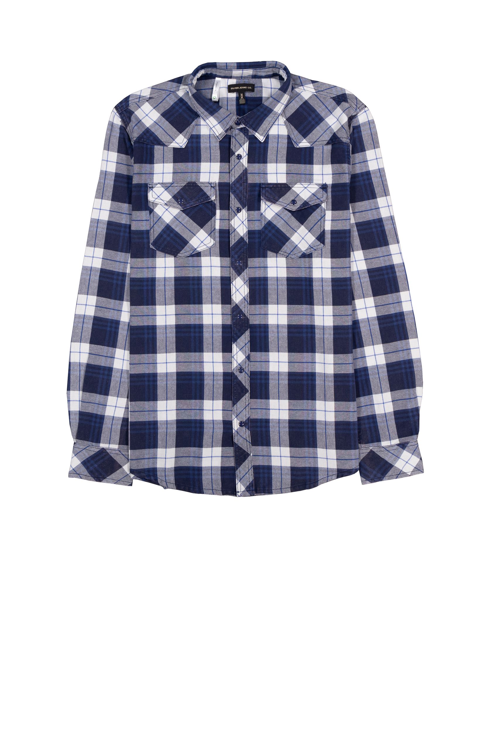 Silver Men's Flannel Plaid Long Sleeve Shirt