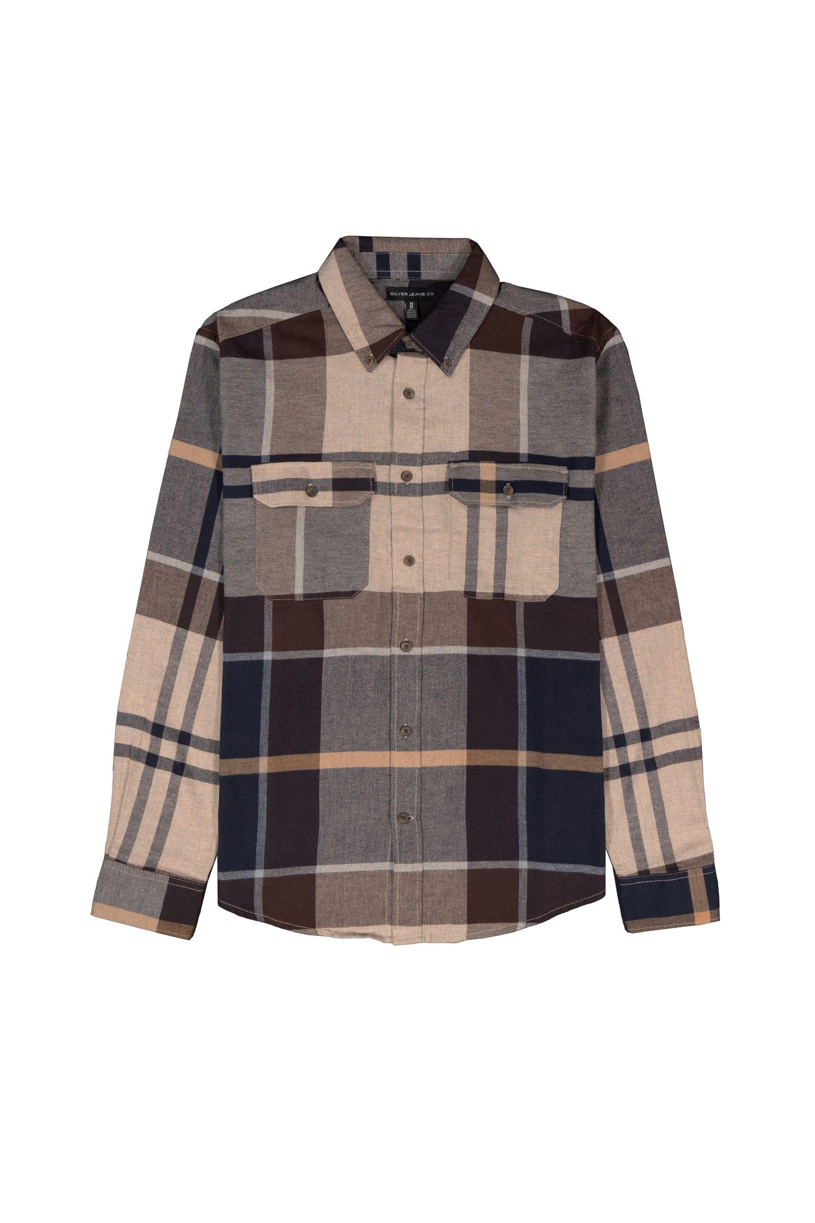 Silver Men's Flannel Plaid Long Sleeve Shirt