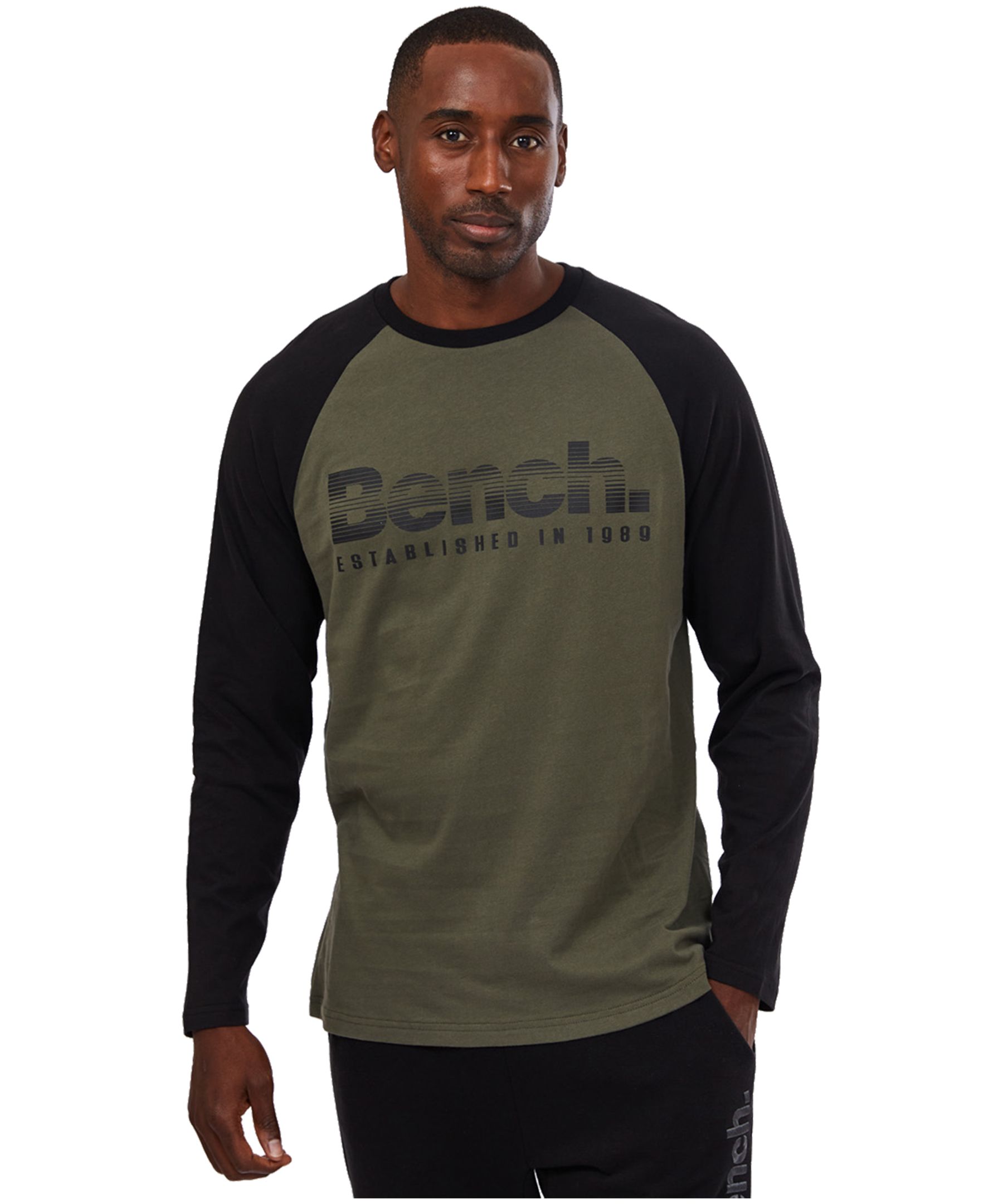Bench Men\'s Long Raglan Sleeve T Shirt Cotton Logo Crewneck | Marks