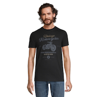 T-shirt graphique coupe classique à col ras du cou avec logo pour hommes, motocyclette rétro Front_Flat