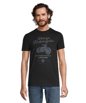 T-shirt graphique coupe classique à col ras du cou avec logo pour hommes, motocyclette rétro
