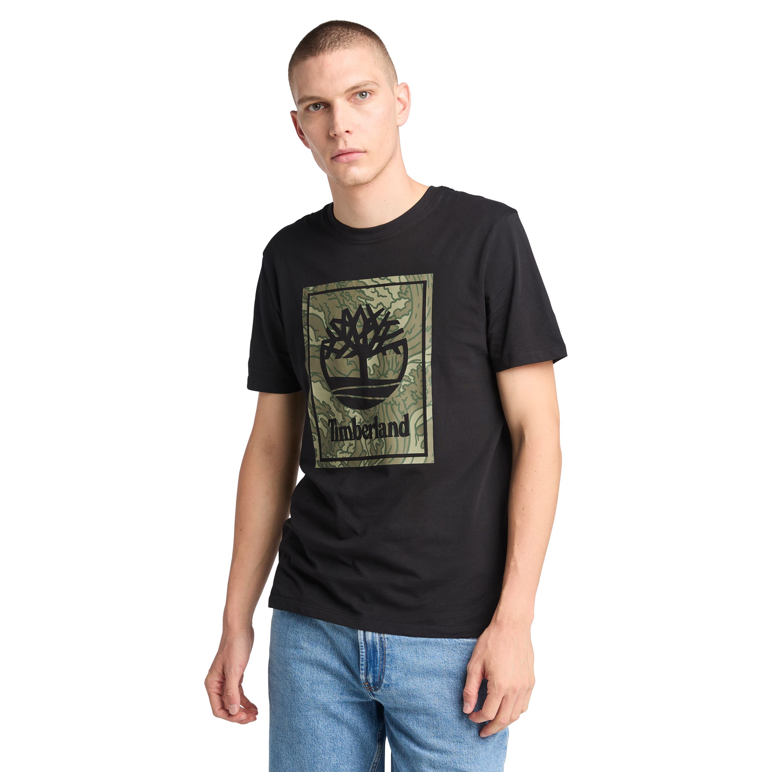 T-shirt graphique superposé avec carré camouflage pour hommes, Timberland