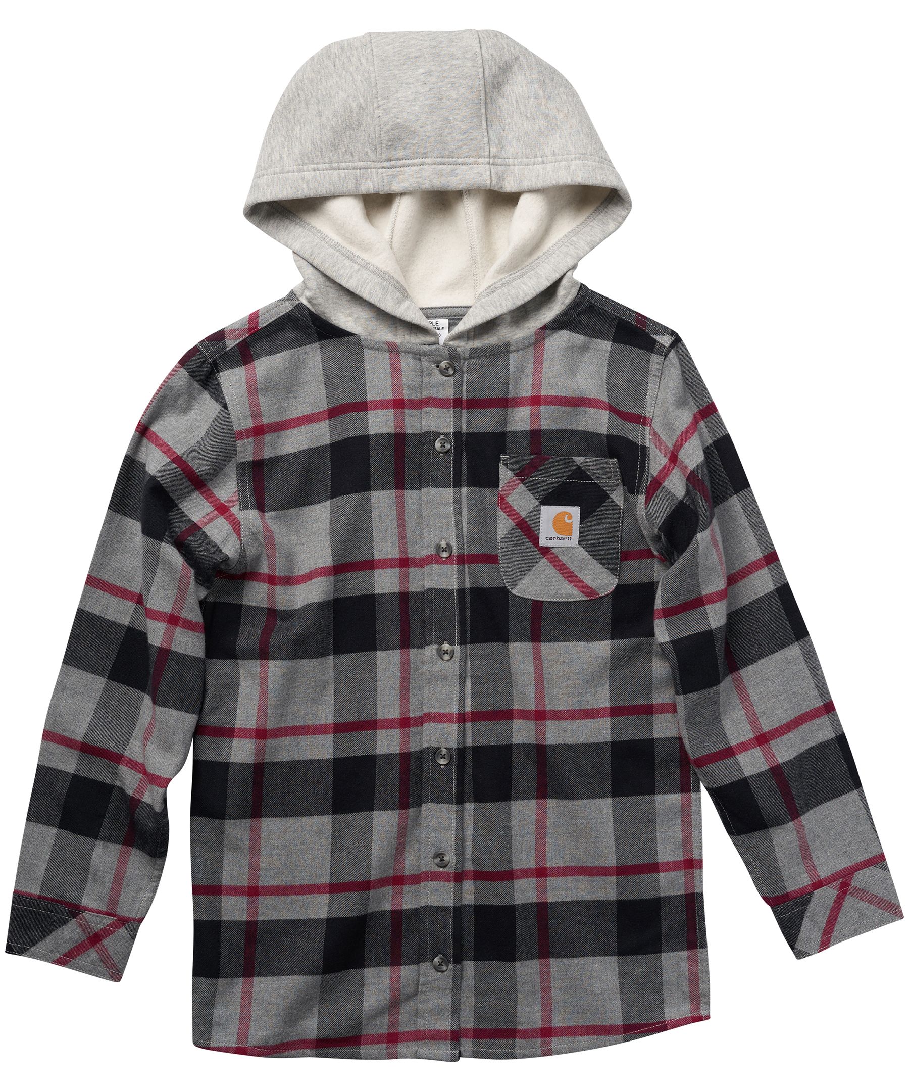 Carhartt Boys' 7-16 Years Flannel Long Sleeve Front Button Up Hoodie - Charcoal Heather Grey