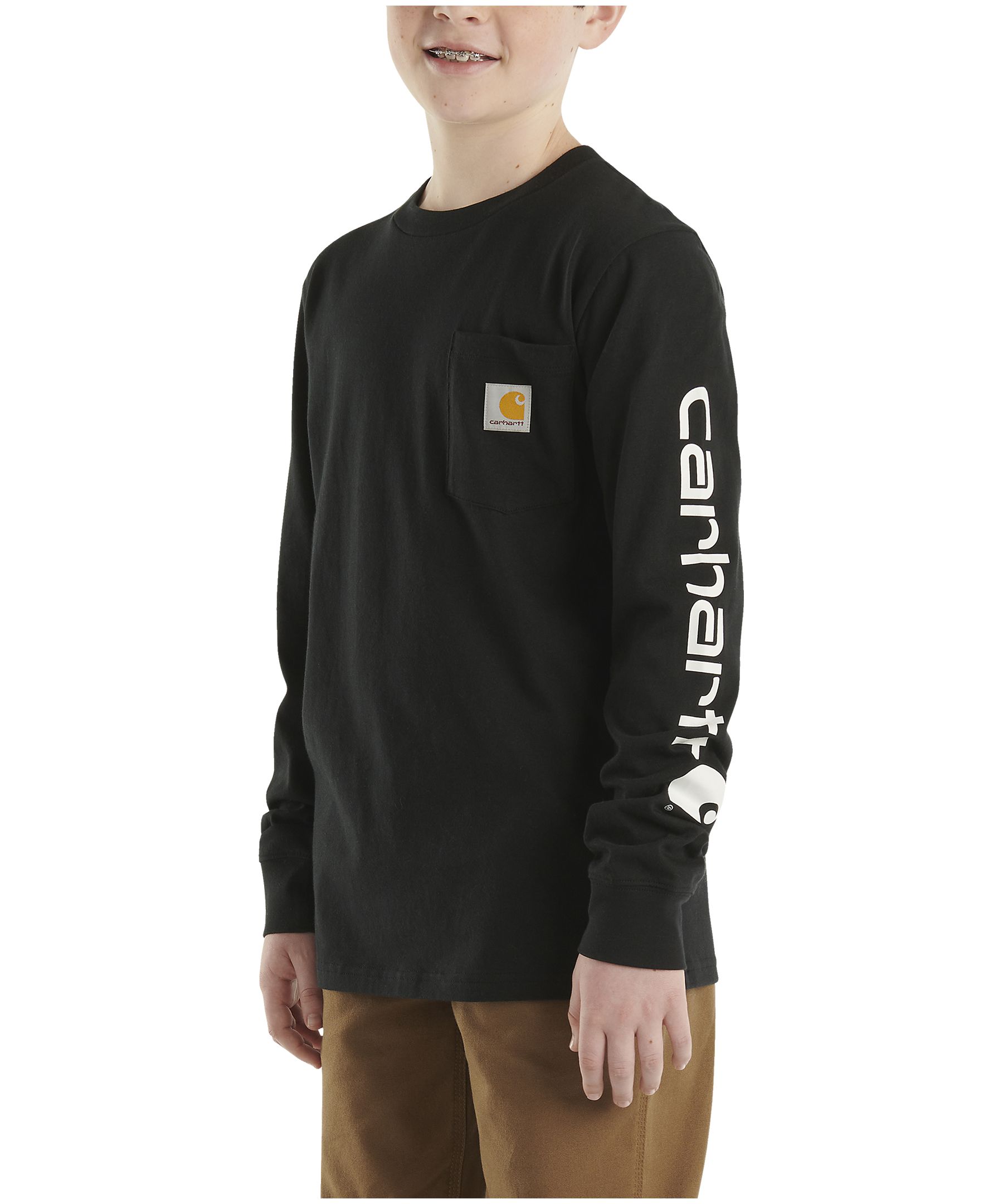 Carhartt Youth Boy's Long Sleeve Logo Pocket Crewneck T-Shirt