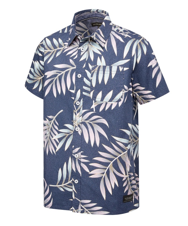 Chemise tropicale unisexe à manches courtes et à poche appliquée pour enfants, Silver