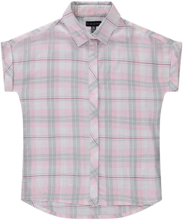 Chemise tissée à carreaux et à manches courtes de coupe ample pour filles, Silver